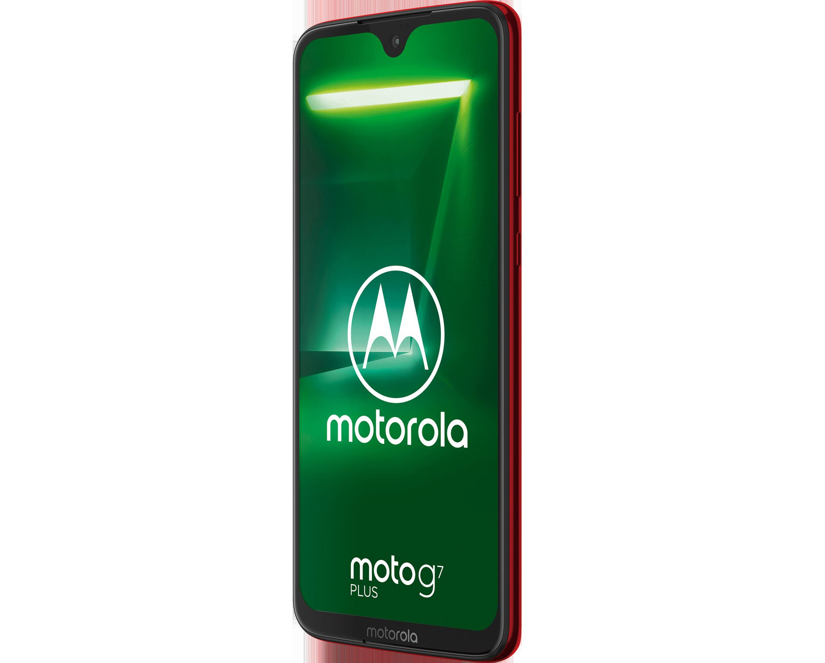 Rotes Motorola Moto G7 Plus Smartphone mit grünem Bildschirm.