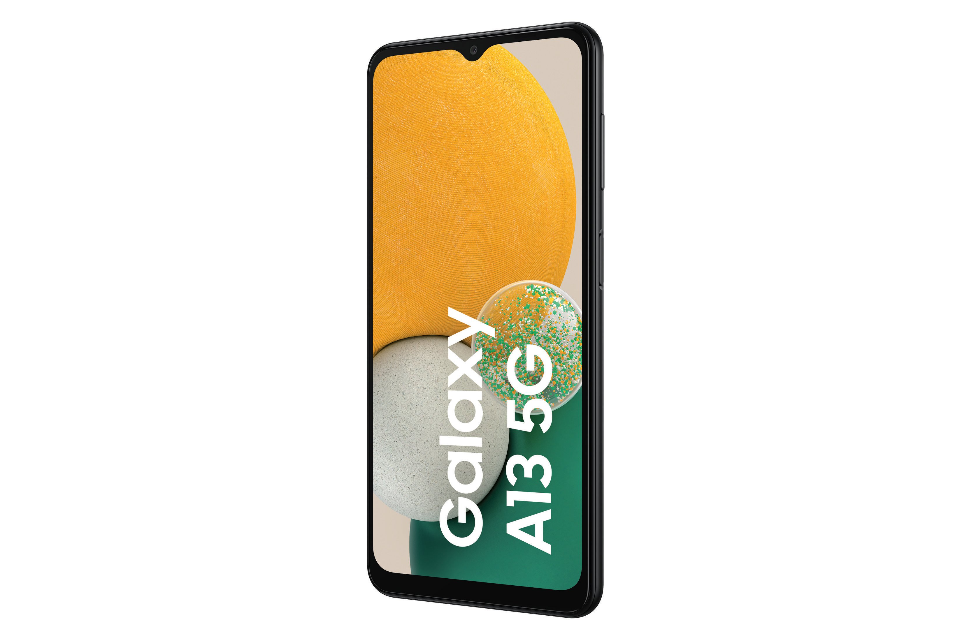 Czarny telefon z włączonym ekranem. Ekran wyświetla tekst: Galaxy A13 5G.