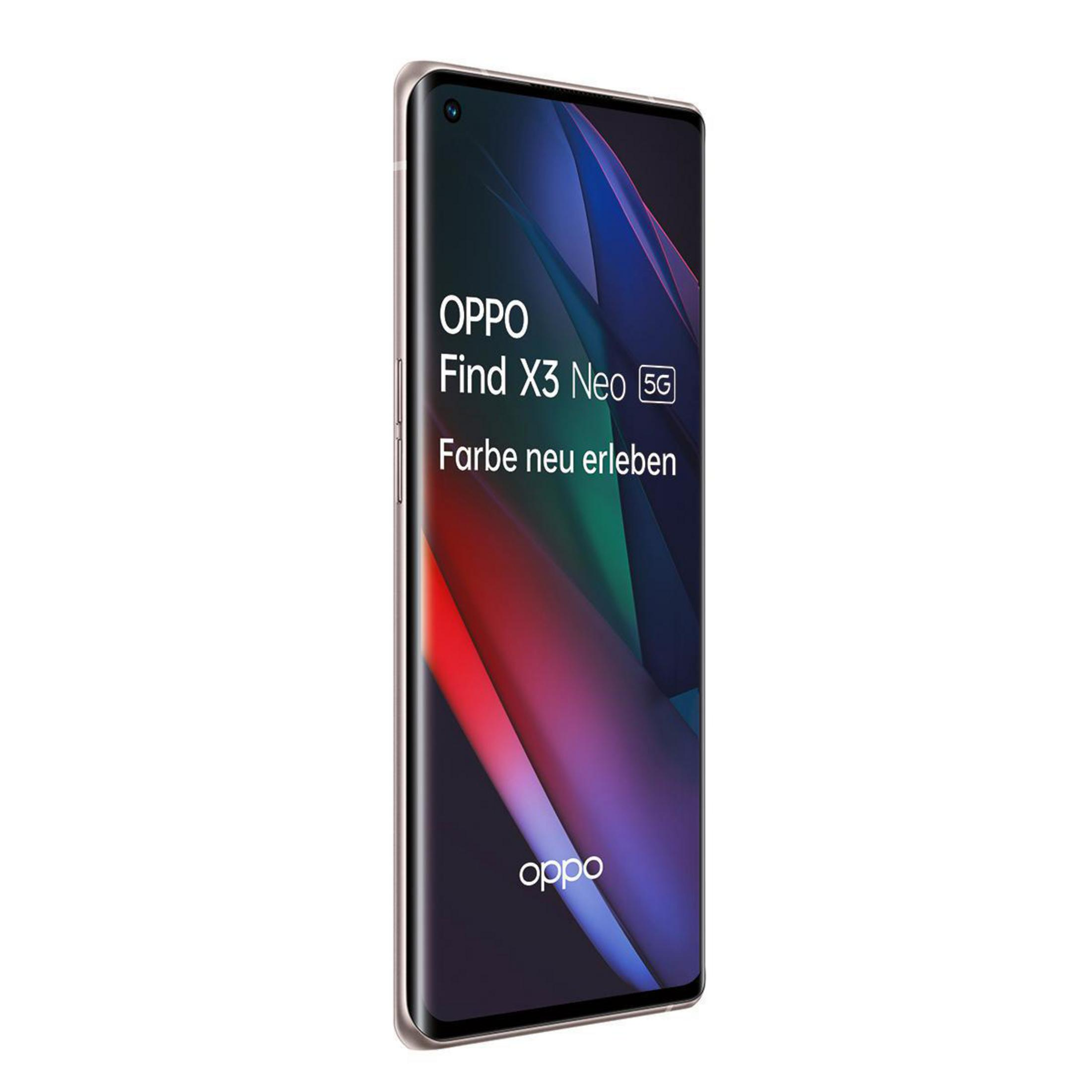 OPPO Find X3 Neo 5G smartphone. La pantalla muestra una imagen abstracta colorida.