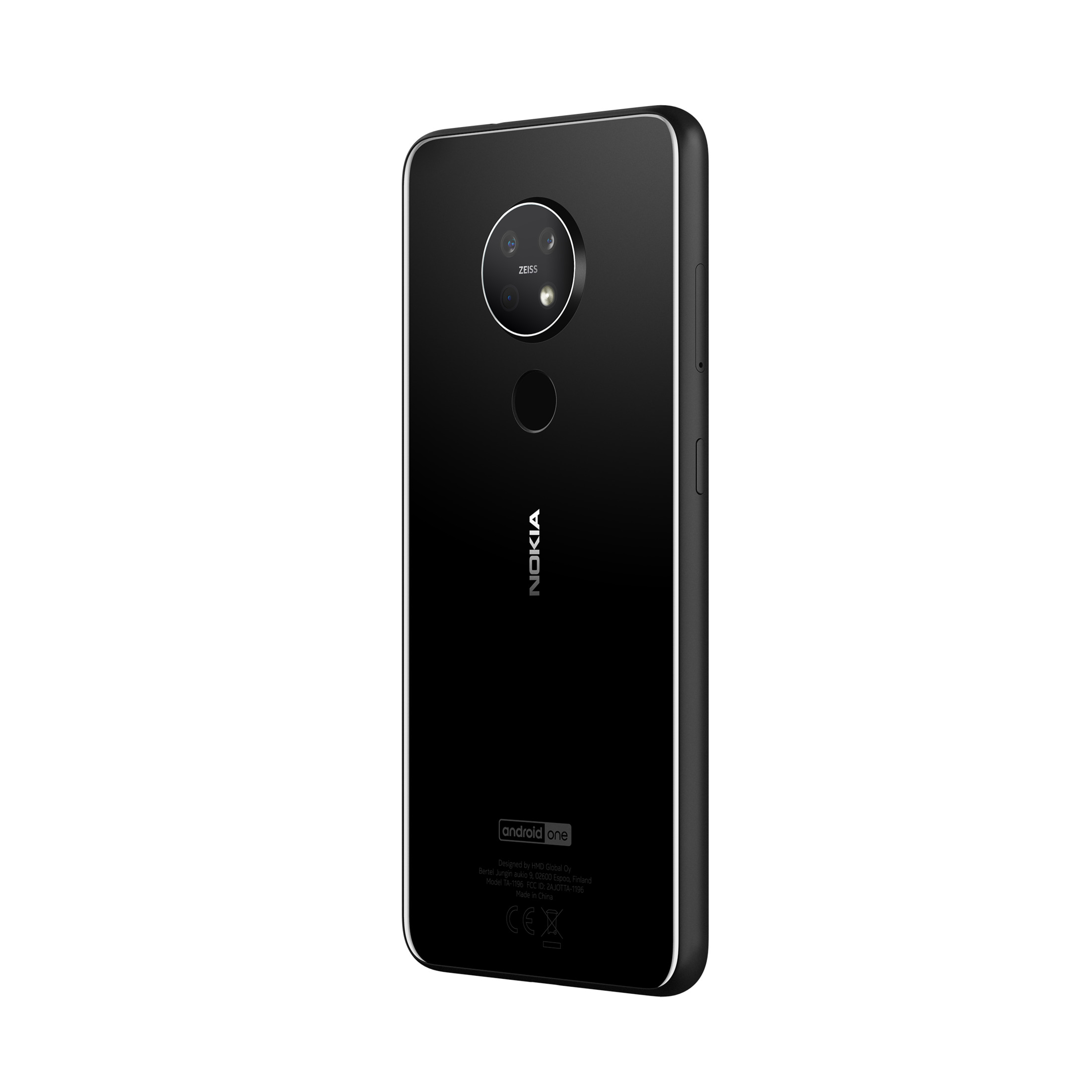 Rückansicht des schwarzen Nokia-Telefons. Mit Zeiss-Objektiv und Android One-Logo.
