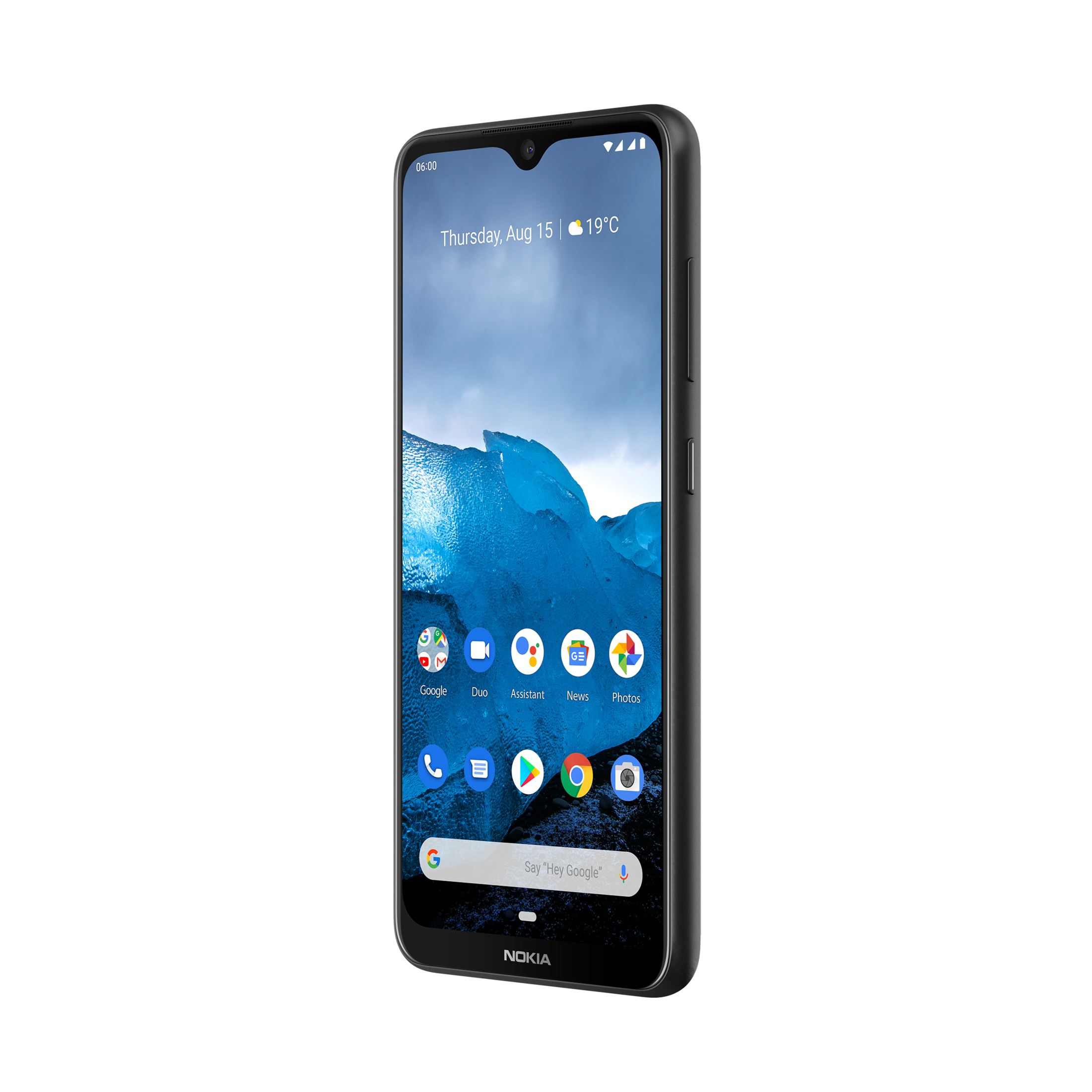Nokia-Telefon, schwarz mit einem Bildschirm, der eine Landschaft und App-Symbole zeigt.