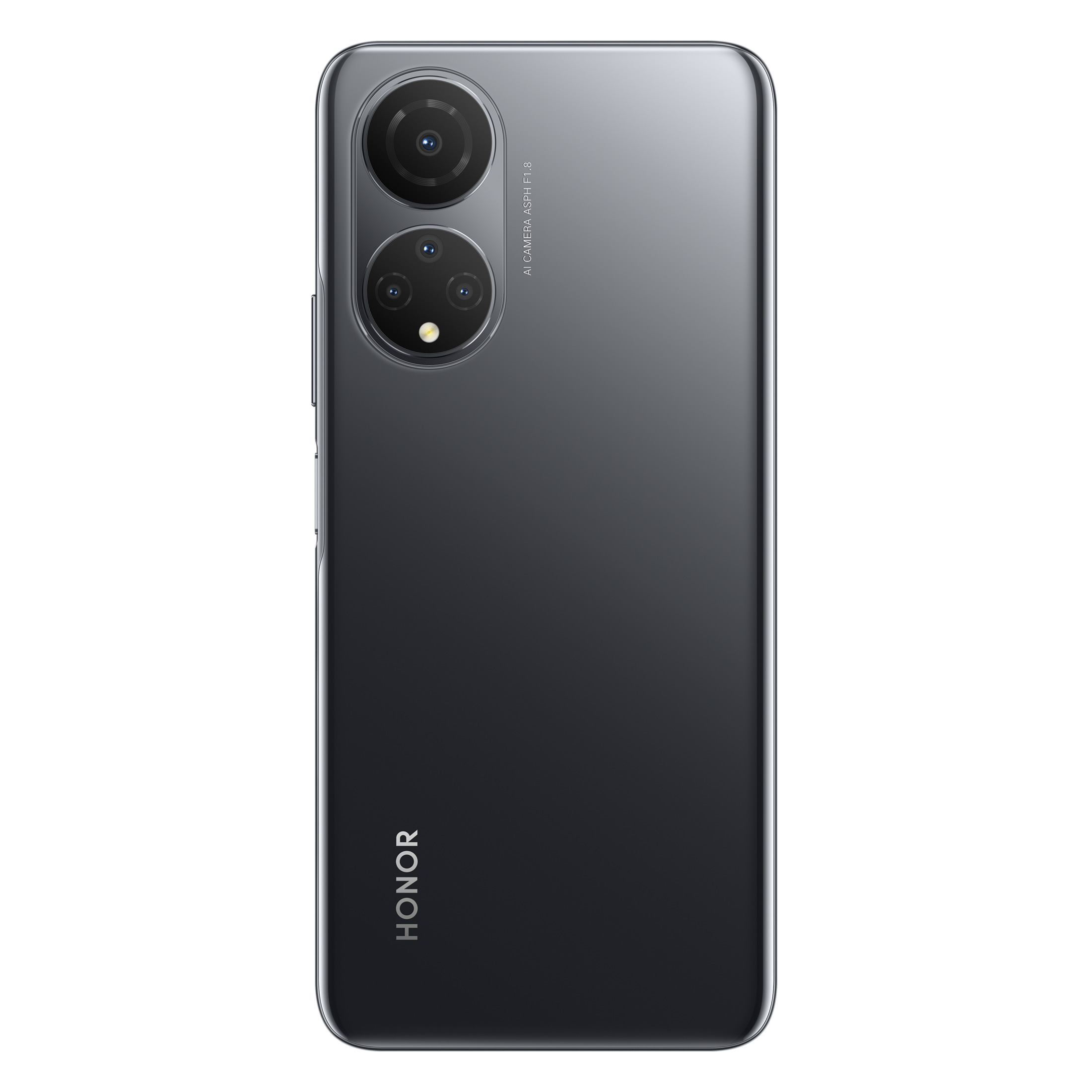 Schwarzes Honor-Telefon, Rückseite mit zwei Kameras und Honor-Logo.
