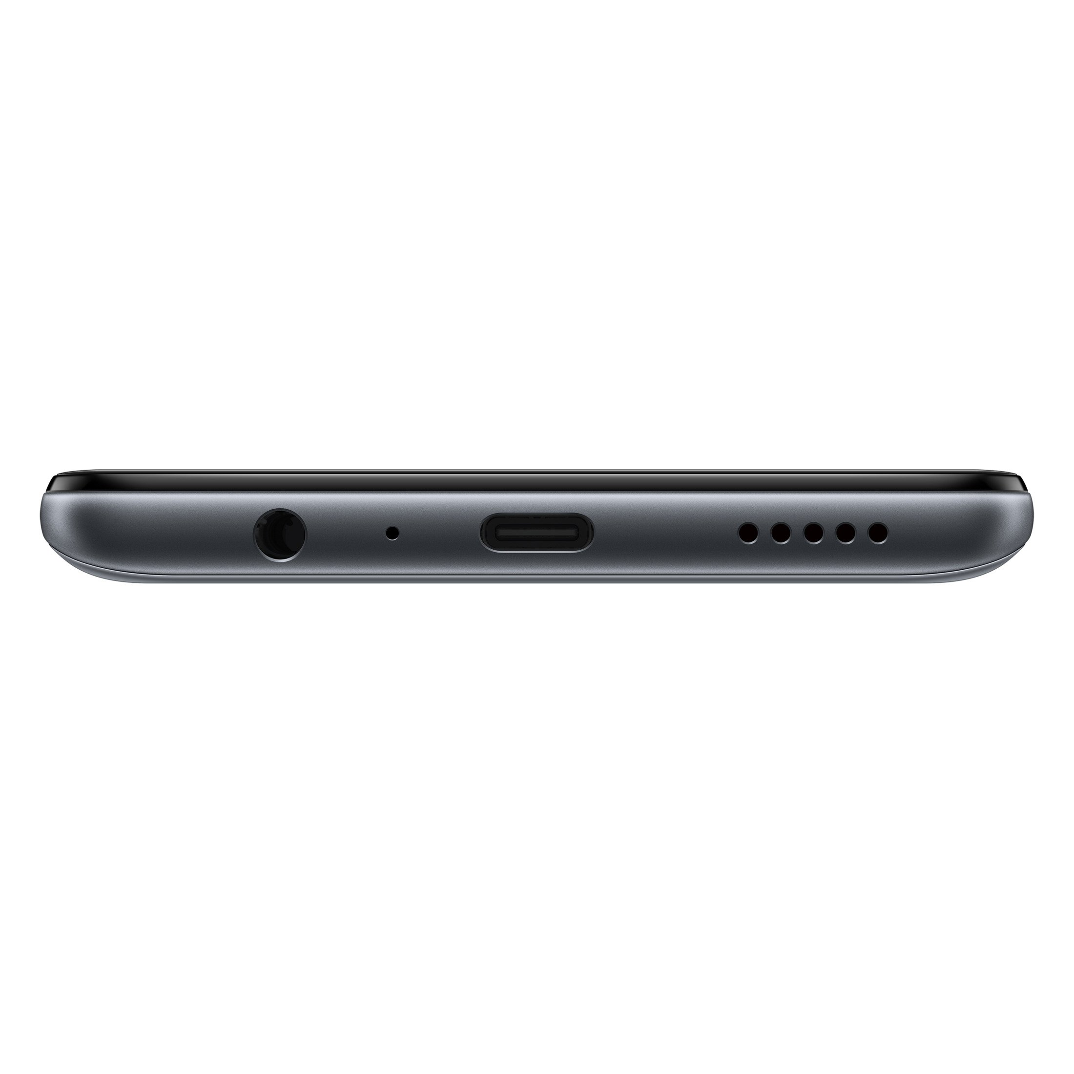 Telefonunterseite: Kopfhöreranschluss, USB-C-Anschluss und Lautsprecherlöcher. Dunkelgraue Farbe.