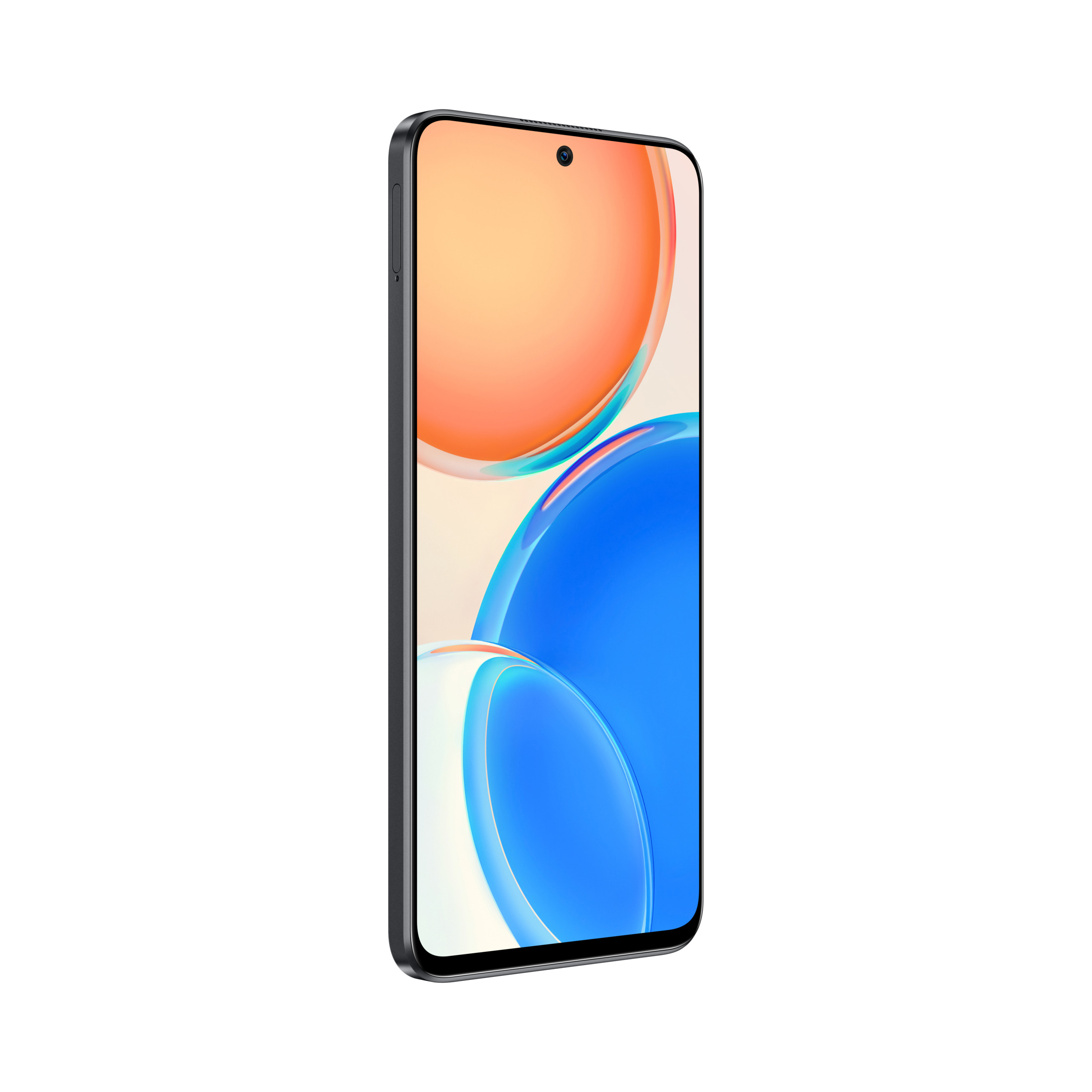 Smartphone con marco negro. La pantalla muestra una imagen abstracta colorida.