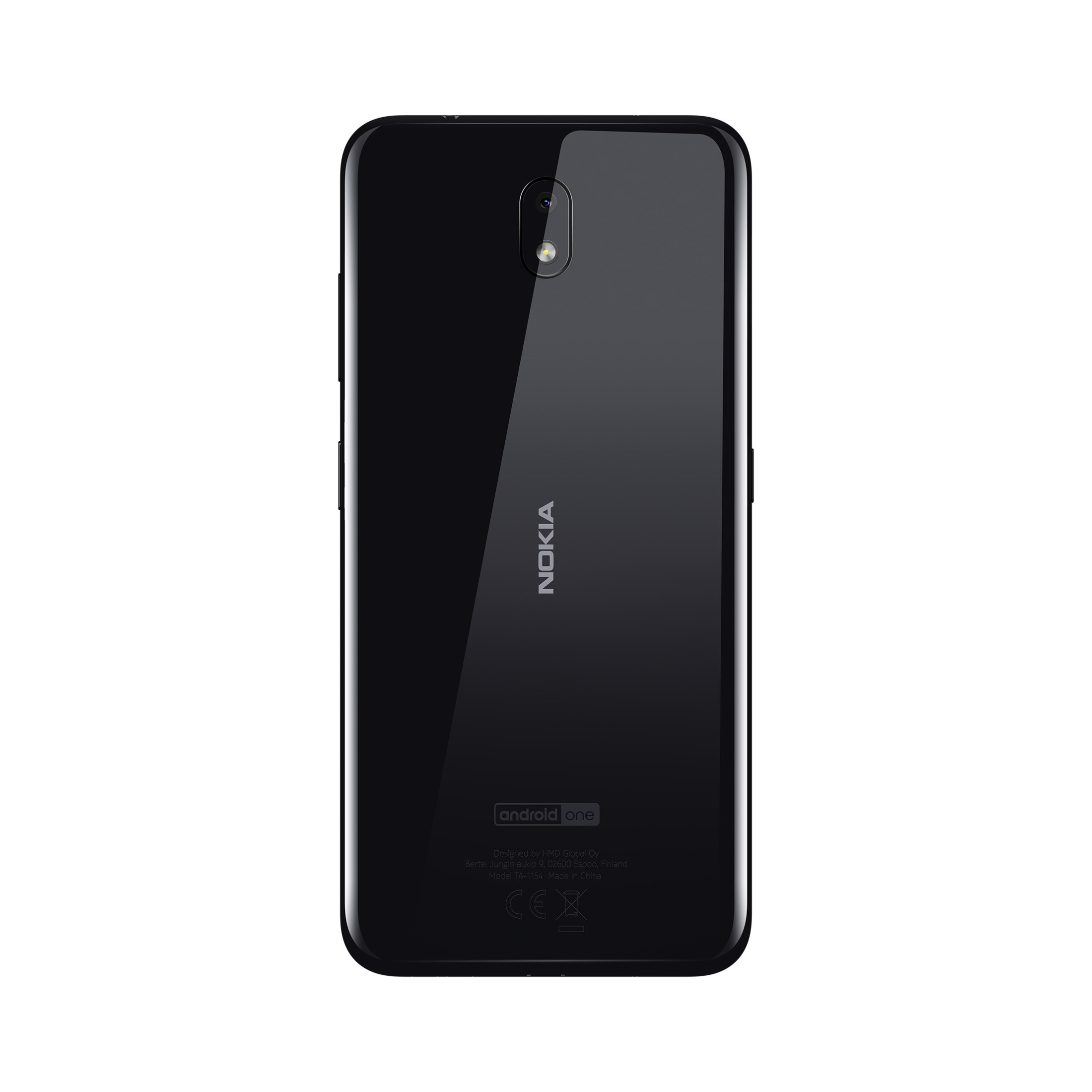 Schwarzes Nokia-Telefon mit Nokia- und Android One-Logos auf der Rückseite.