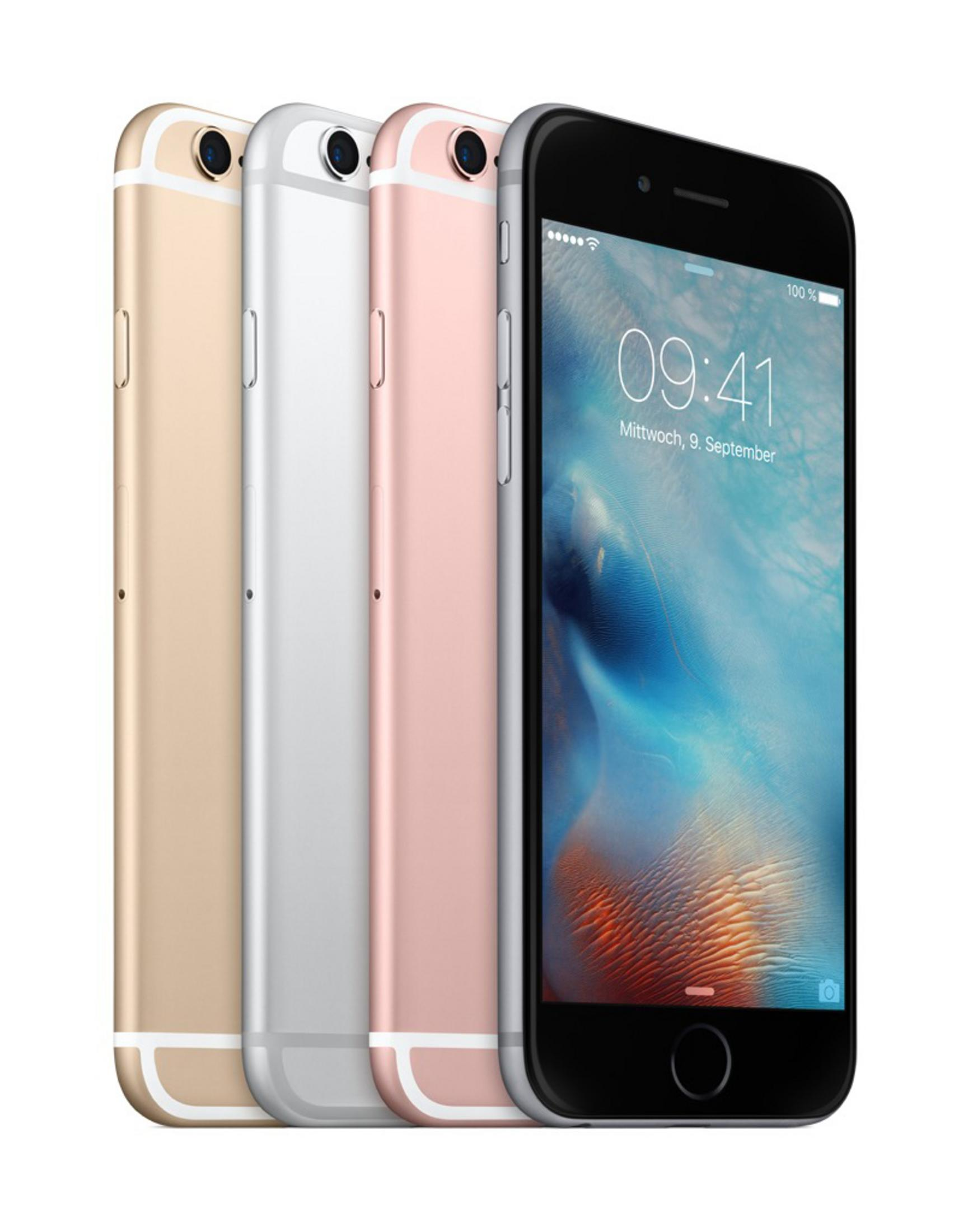 Vier iPhones in Gold, Silber, Rose und Schwarz, Seitenansicht.