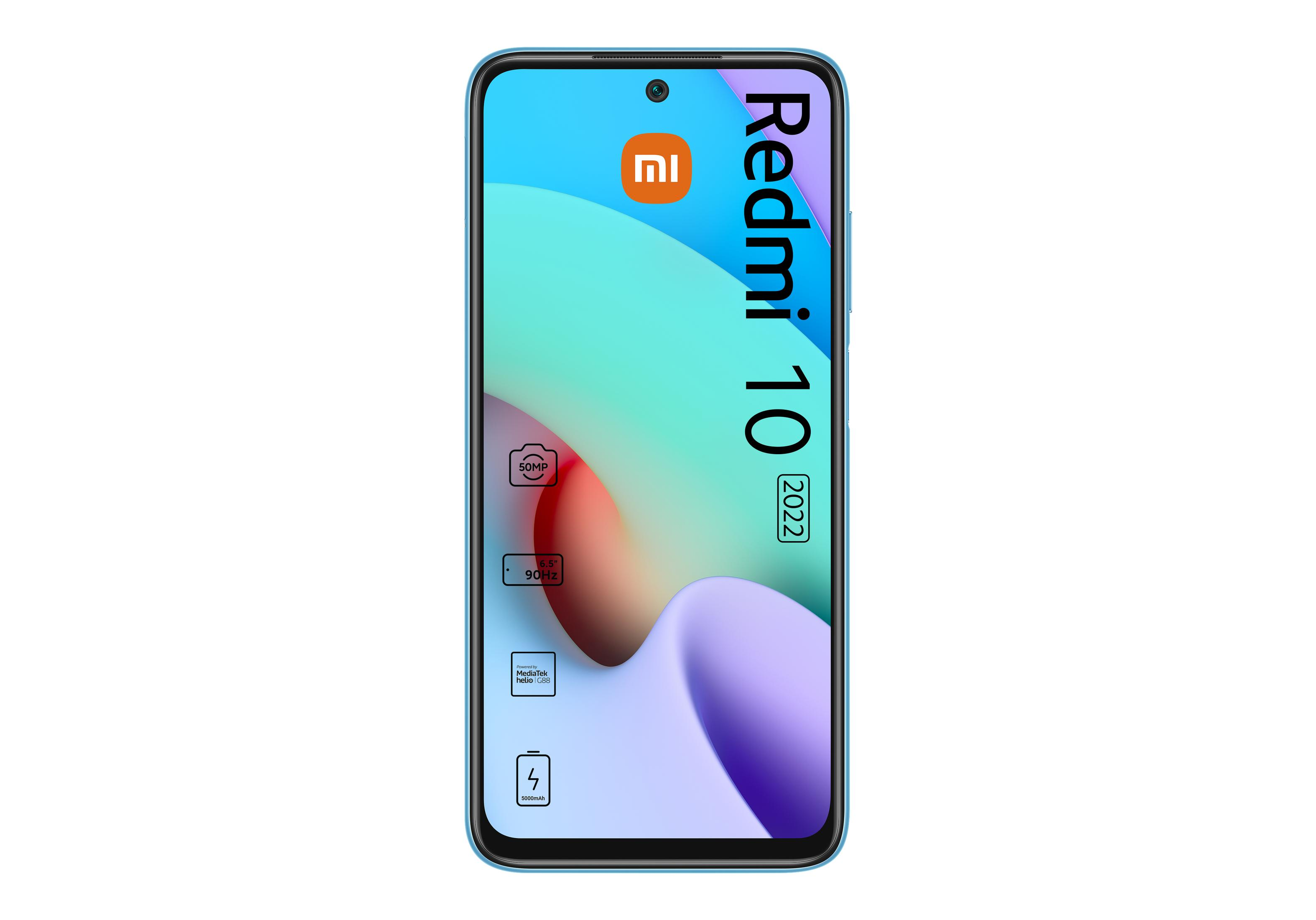 Smartfon Redmi 10 2022, niebieska obudowa, z ekranem wyświetlającym interfejs.