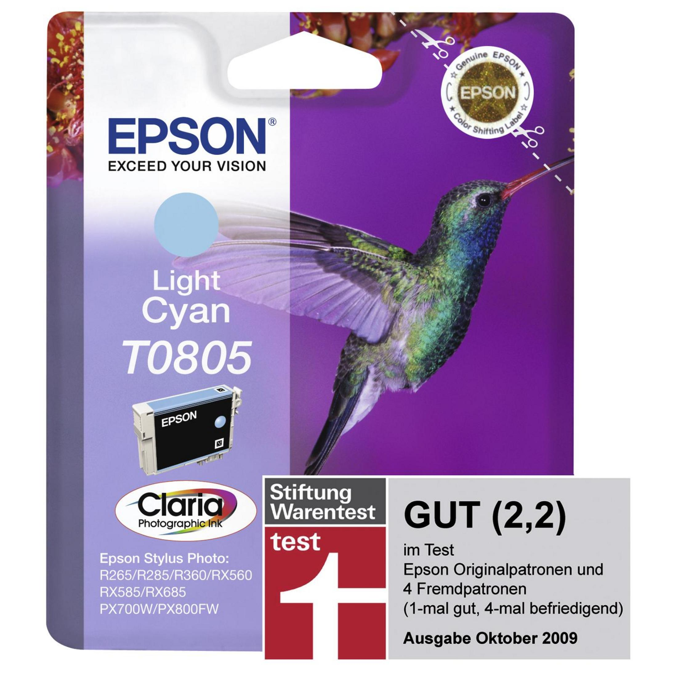 Opakowanie wkładu atramentowego Epson ze zdjęciem kolibra. Opakowanie jest niebiesko-białe.