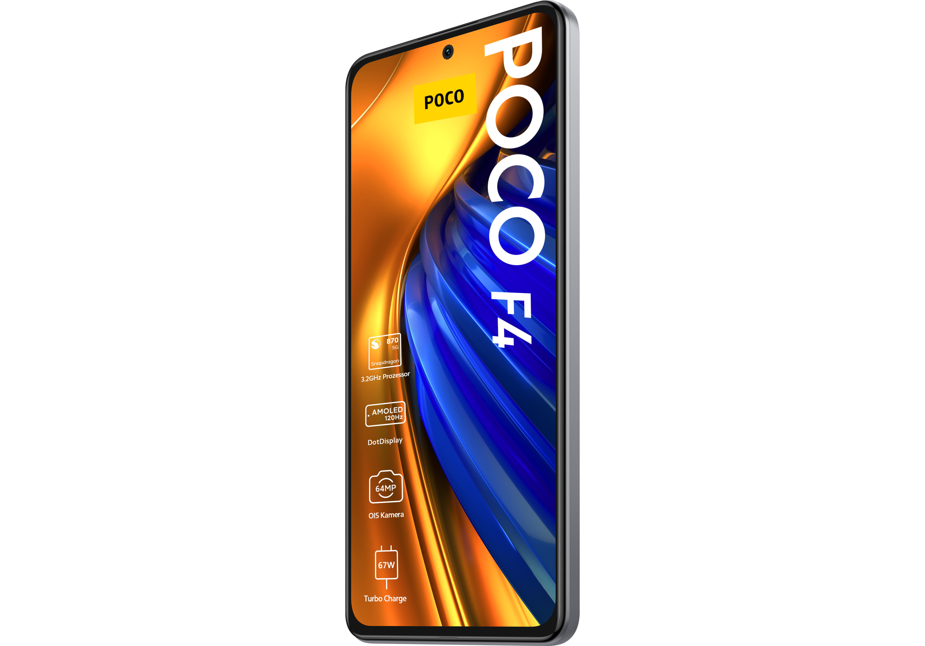 Poco F4 Smartphone, schwarz mit blauem Farbverlauf, Seitenansicht mit Funktionen und Spezifikationen.