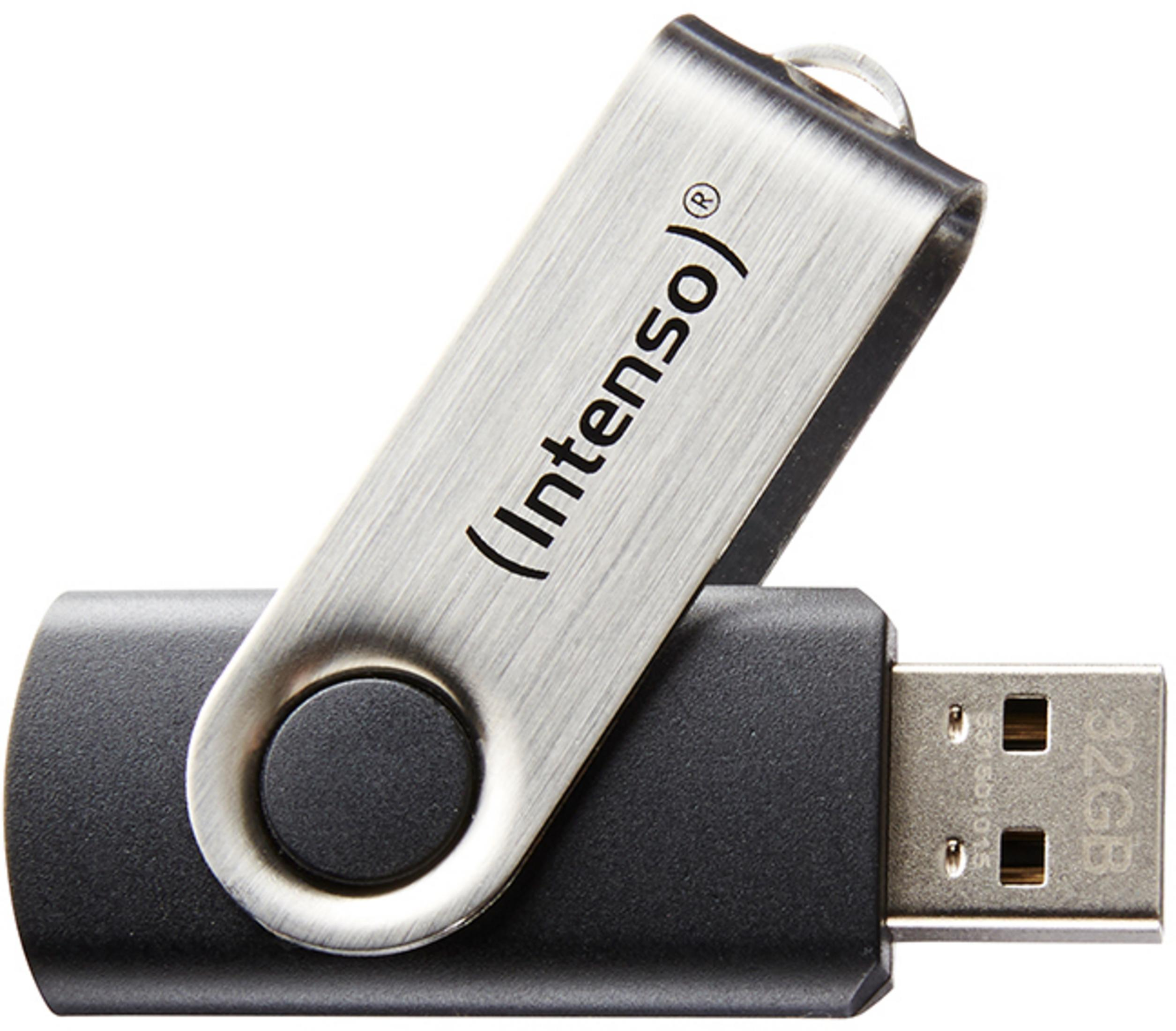 Chiavetta USB Intenso argento e nera con design girevole e capacità di 32 GB.