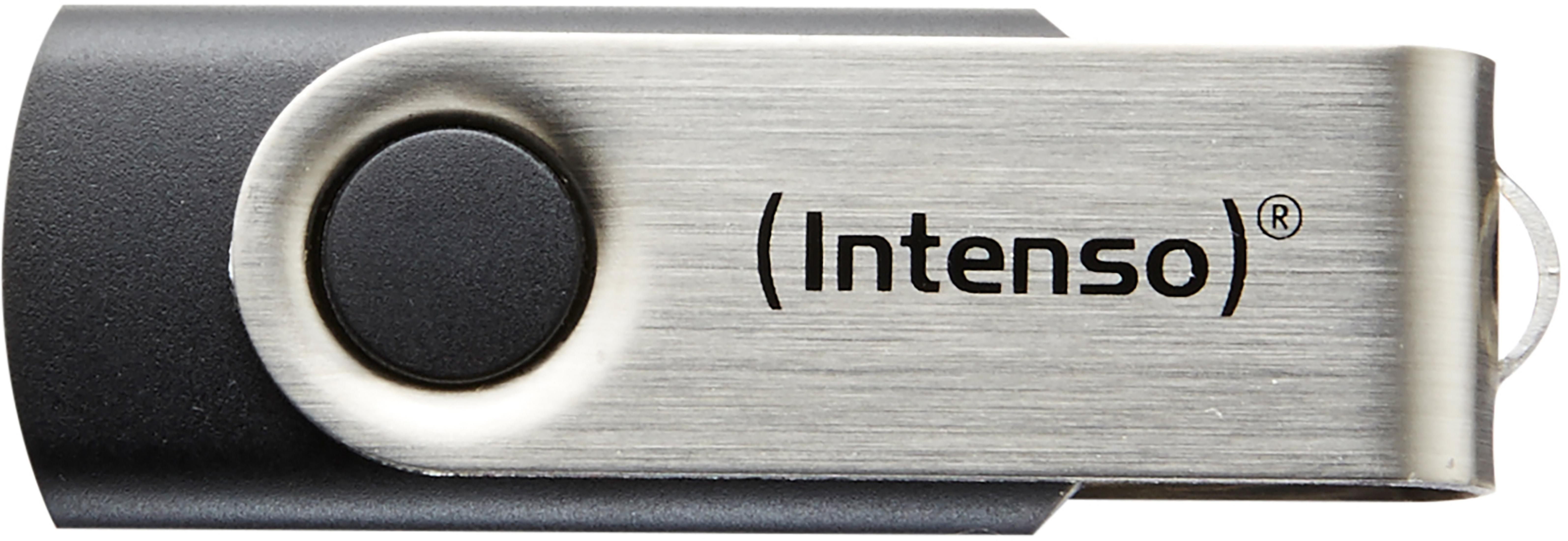 USB-Stick, silbernes Metall und schwarzer Kunststoff, Marke Intenso.