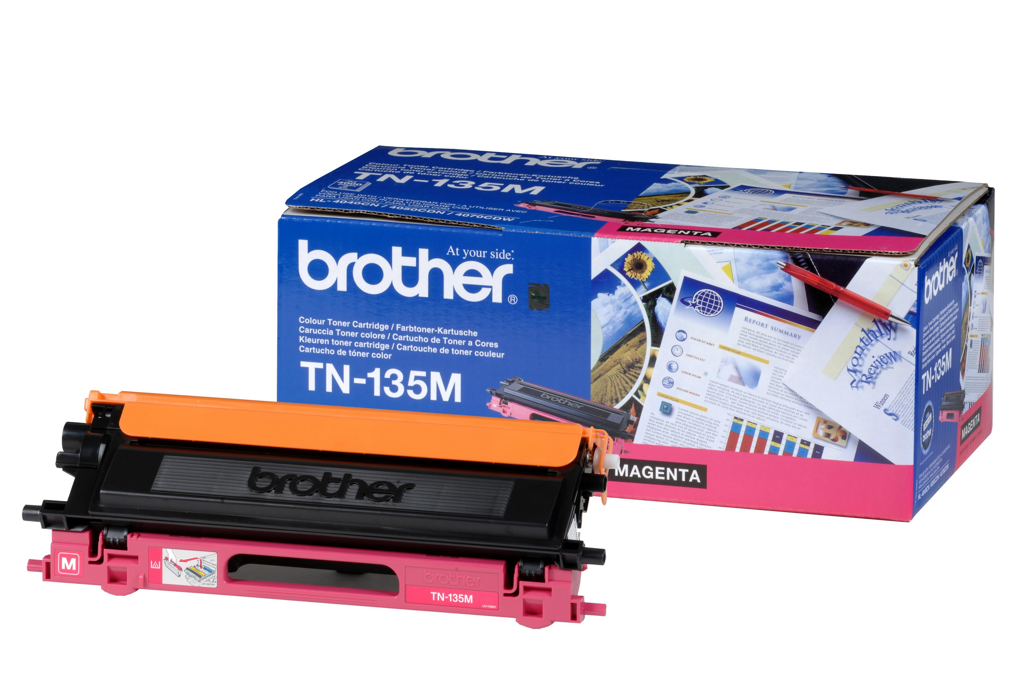 A magenta Brother TN-135M toner cartridge and its box with printed documents.