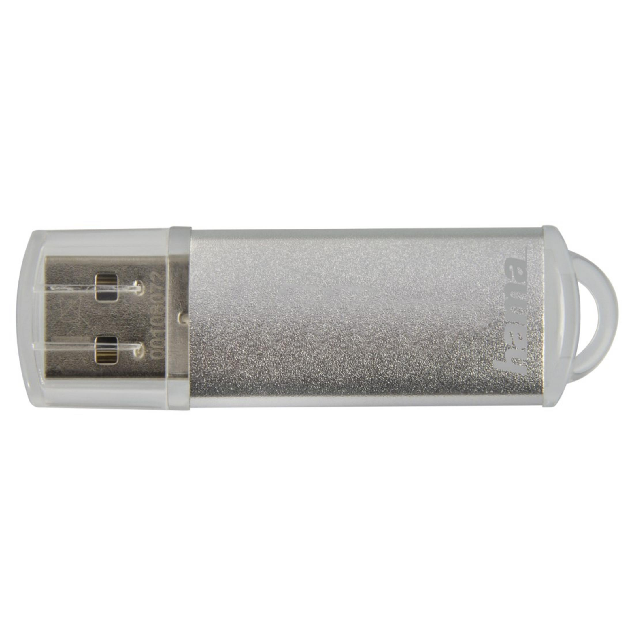 Srebrny pendrive USB z przezroczystą nasadką, z napisem 'hama'.