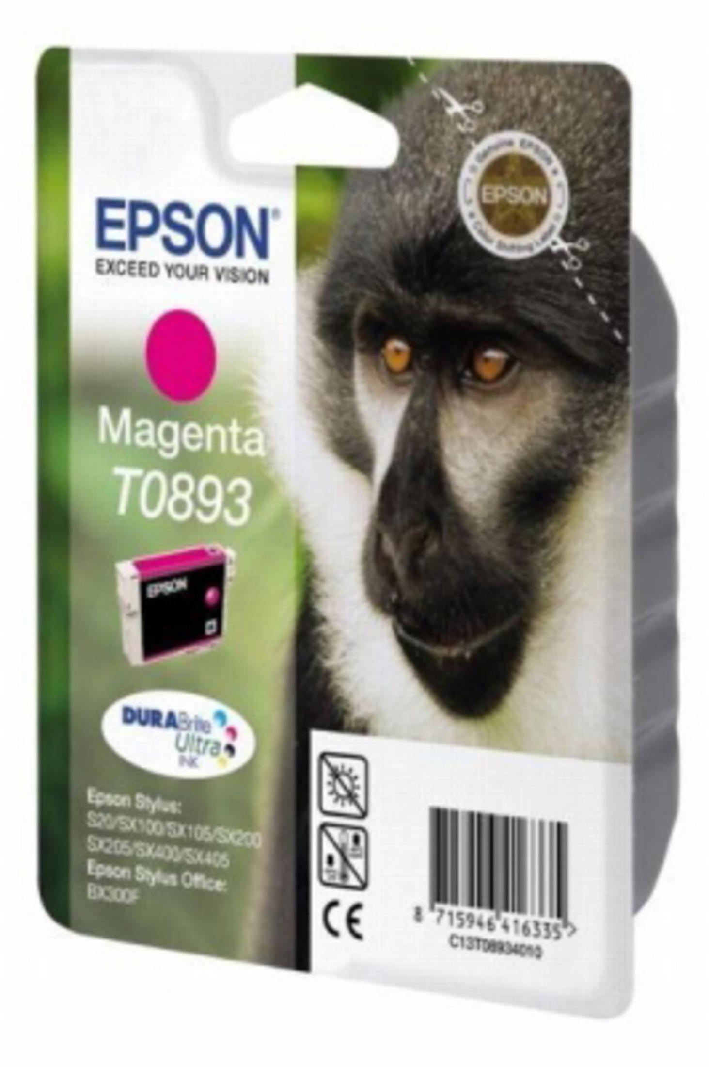 Epson magenta inktcartridge met een apengezicht. De achtergrond is een vage afbeelding van een bos.