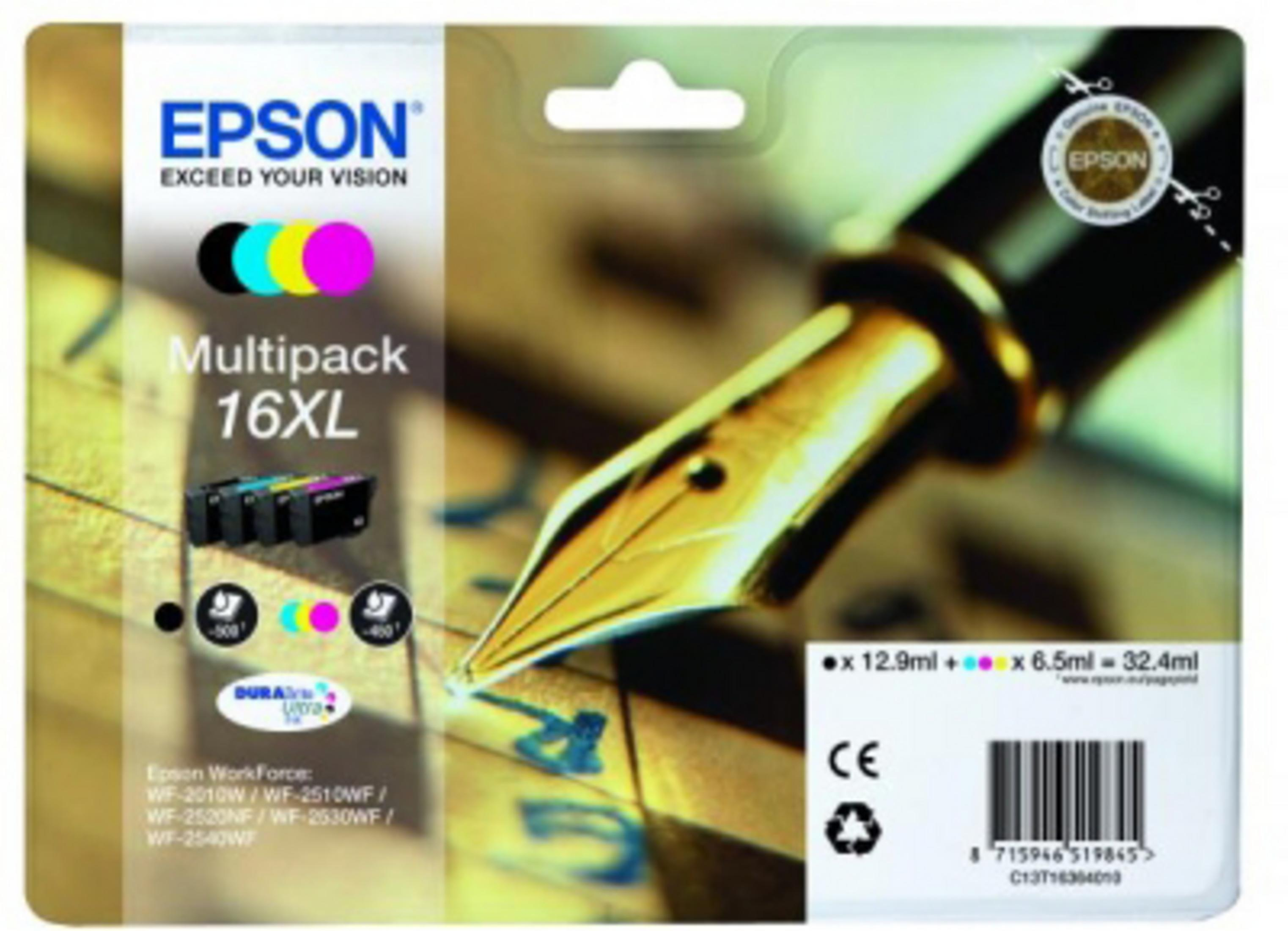 Paquete de cartuchos de tinta Epson, con cartuchos, un bolígrafo y fondo con texto.