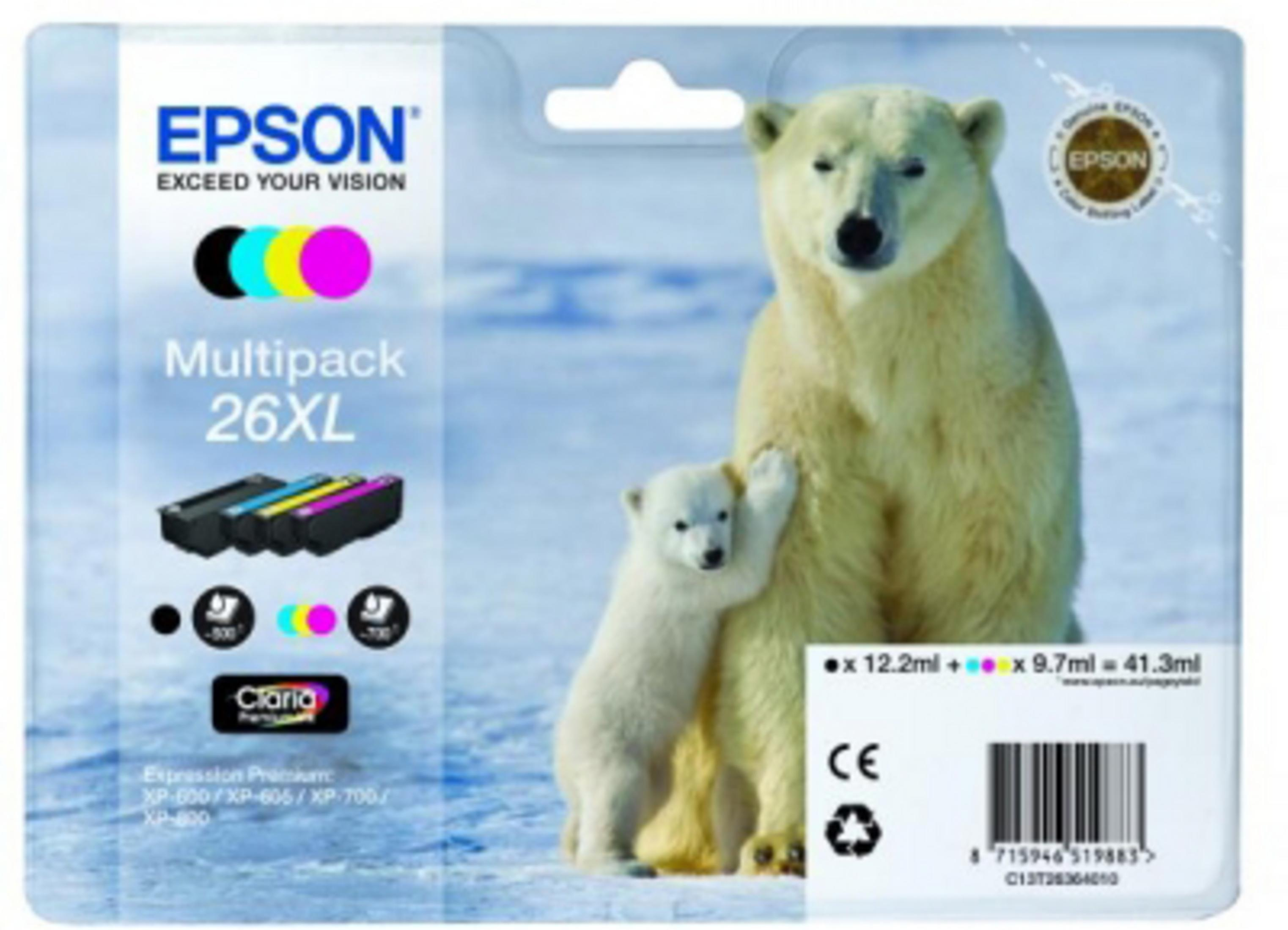 Un paquete de cartuchos de tinta con una imagen de un oso polar y su cachorro. El oso está en un entorno nevado.