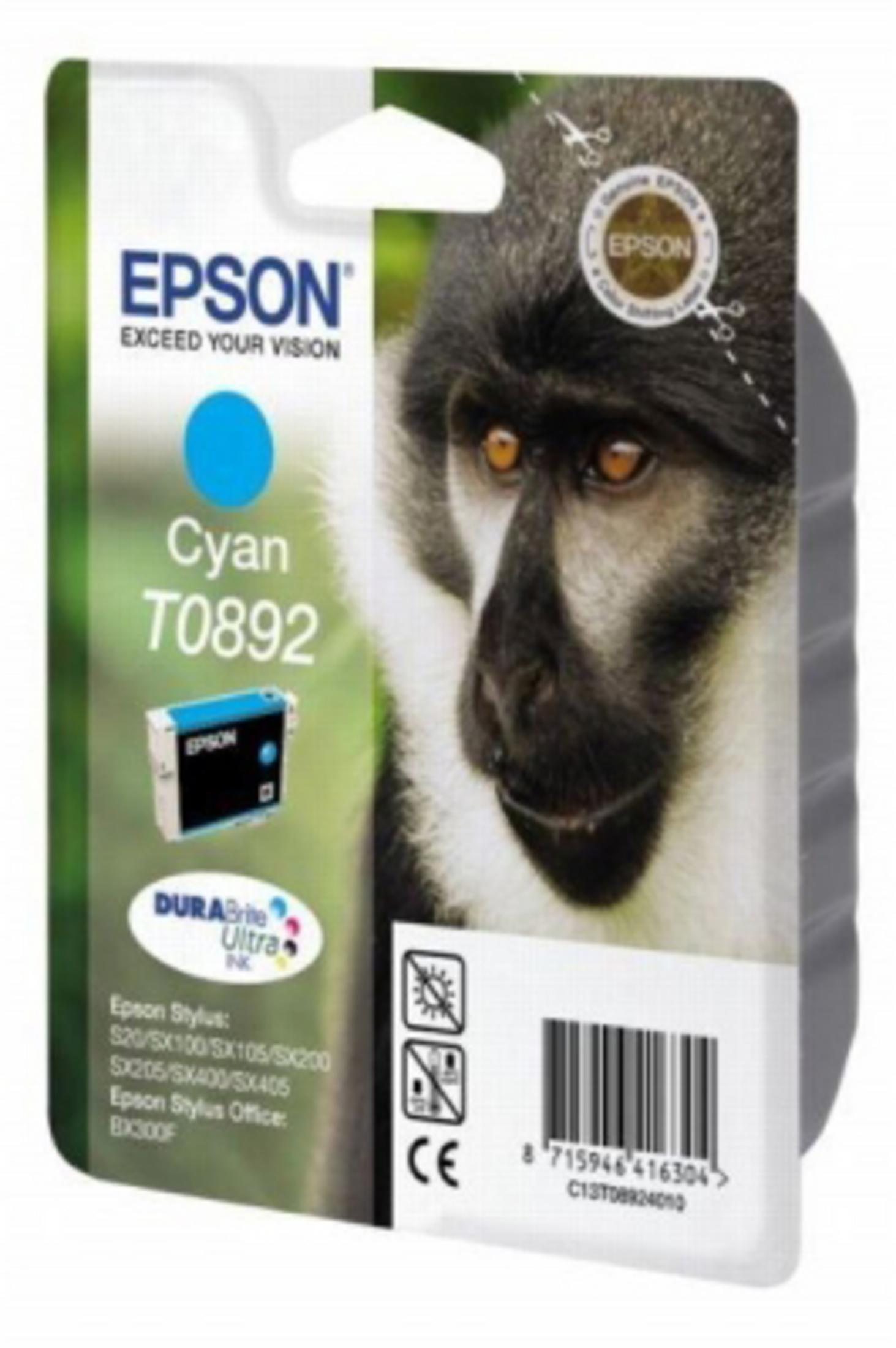 Cartucho de tinta cian Epson con imagen de mono en el fondo.