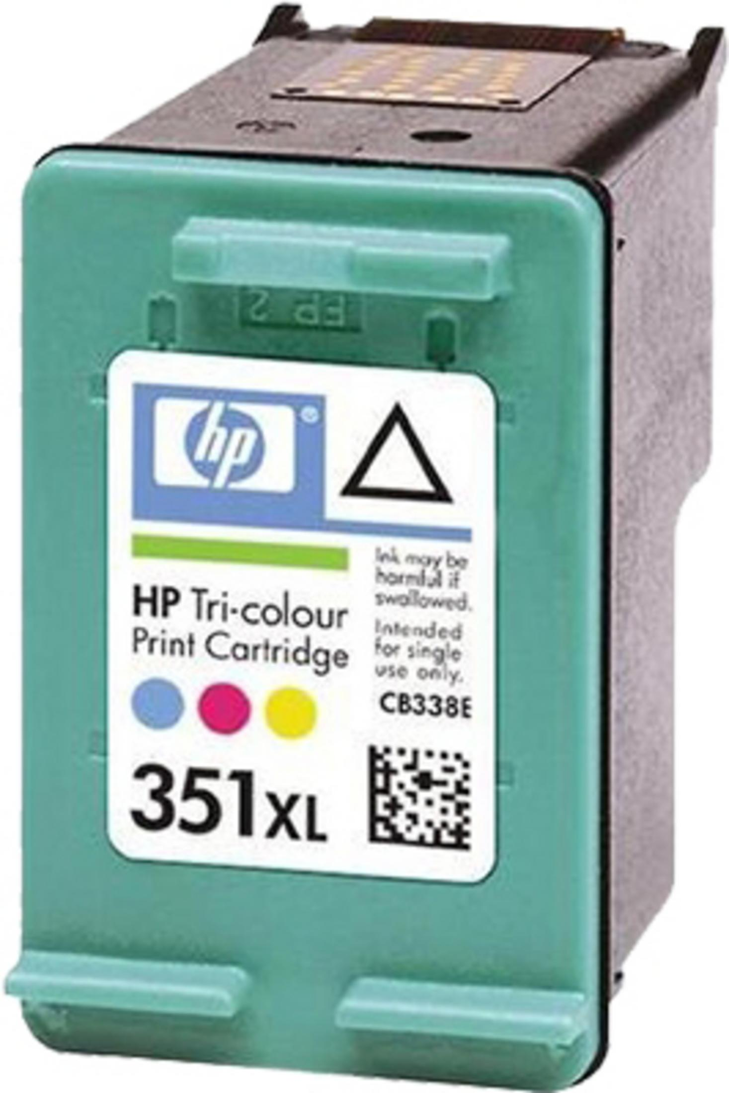 Eine grüne, blaue, rosa und gelbe Tintenpatrone mit dem HP-Logo und Warnhinweisen.