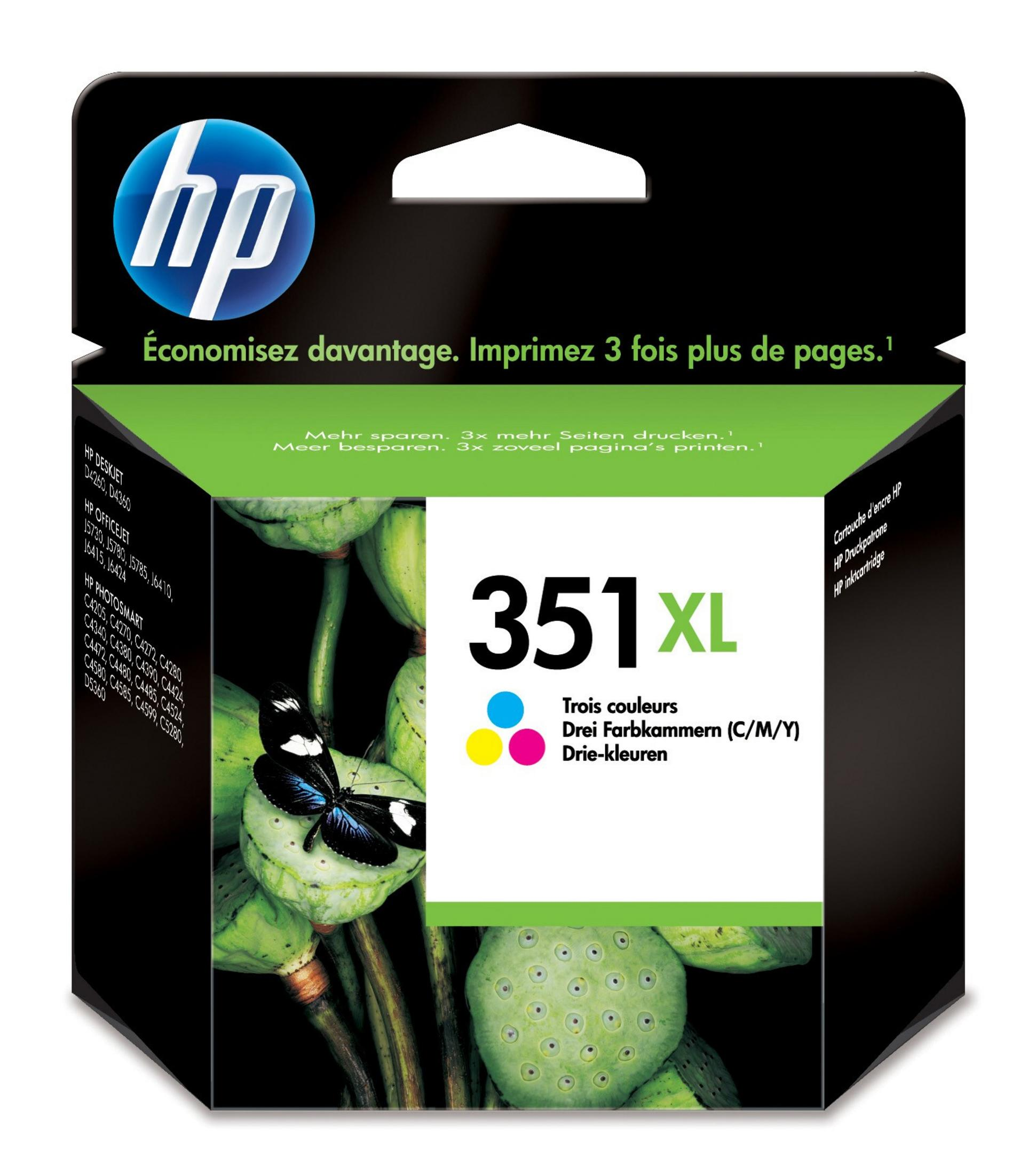 HP Tintenpatronenverpackung mit Schmetterling auf Lotus. Text in mehreren Sprachen.