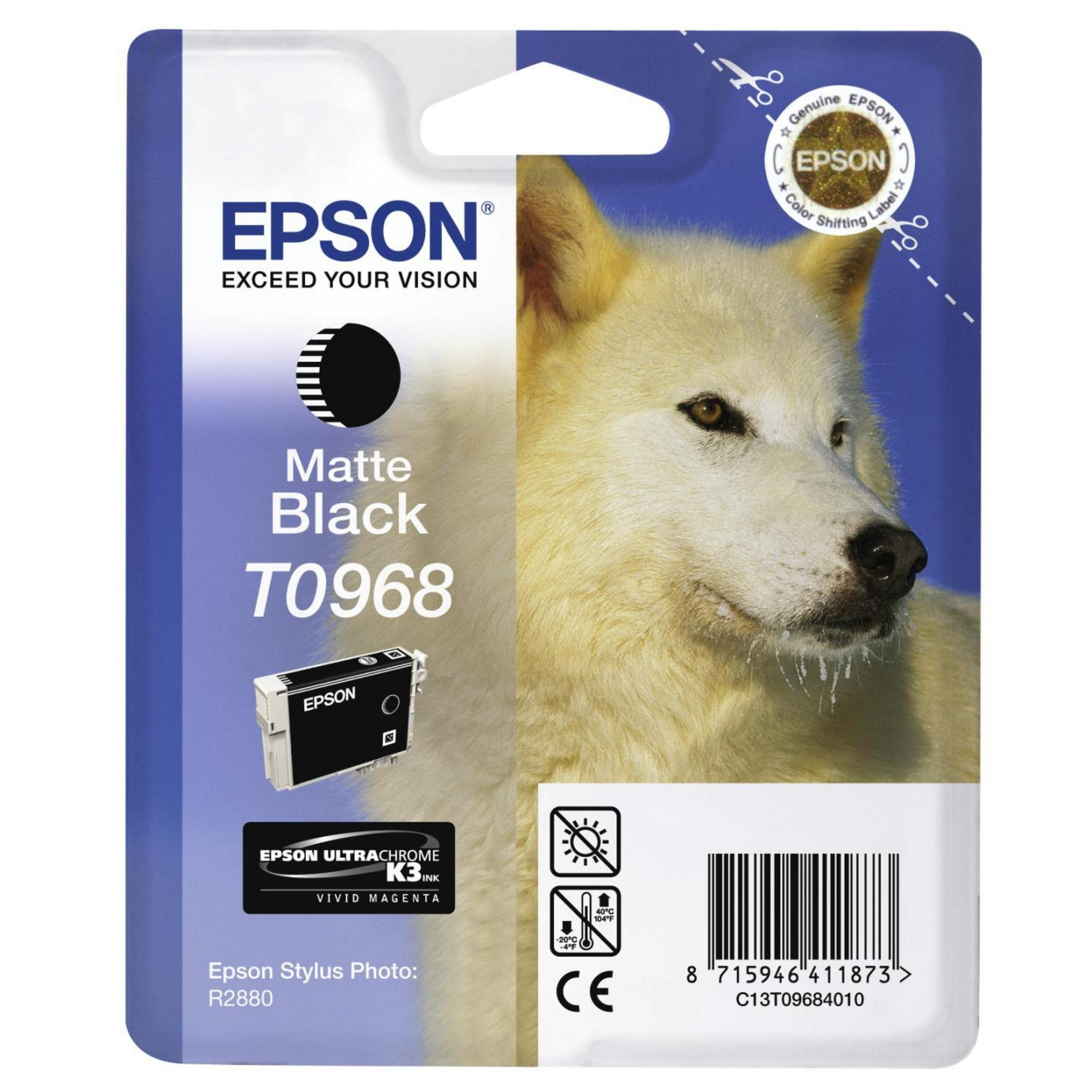 Una confezione di cartucce d'inchiostro con un'immagine di cane bianco e testo sull'inchiostro nero.