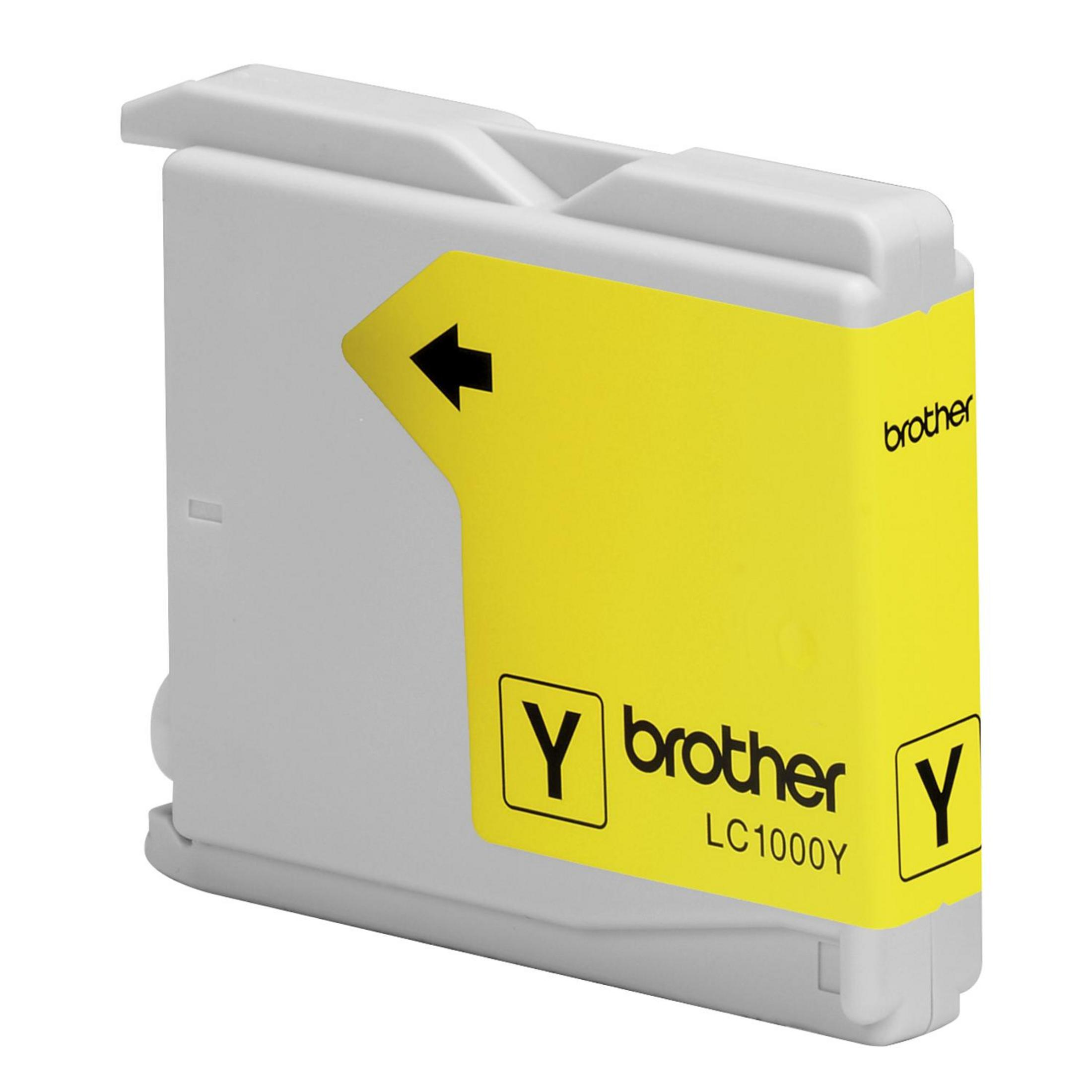 Eine gelbe Brother LC1000Y Tintenpatrone mit schwarzem Pfeil, 'brother' und 'Y'-Etiketten.