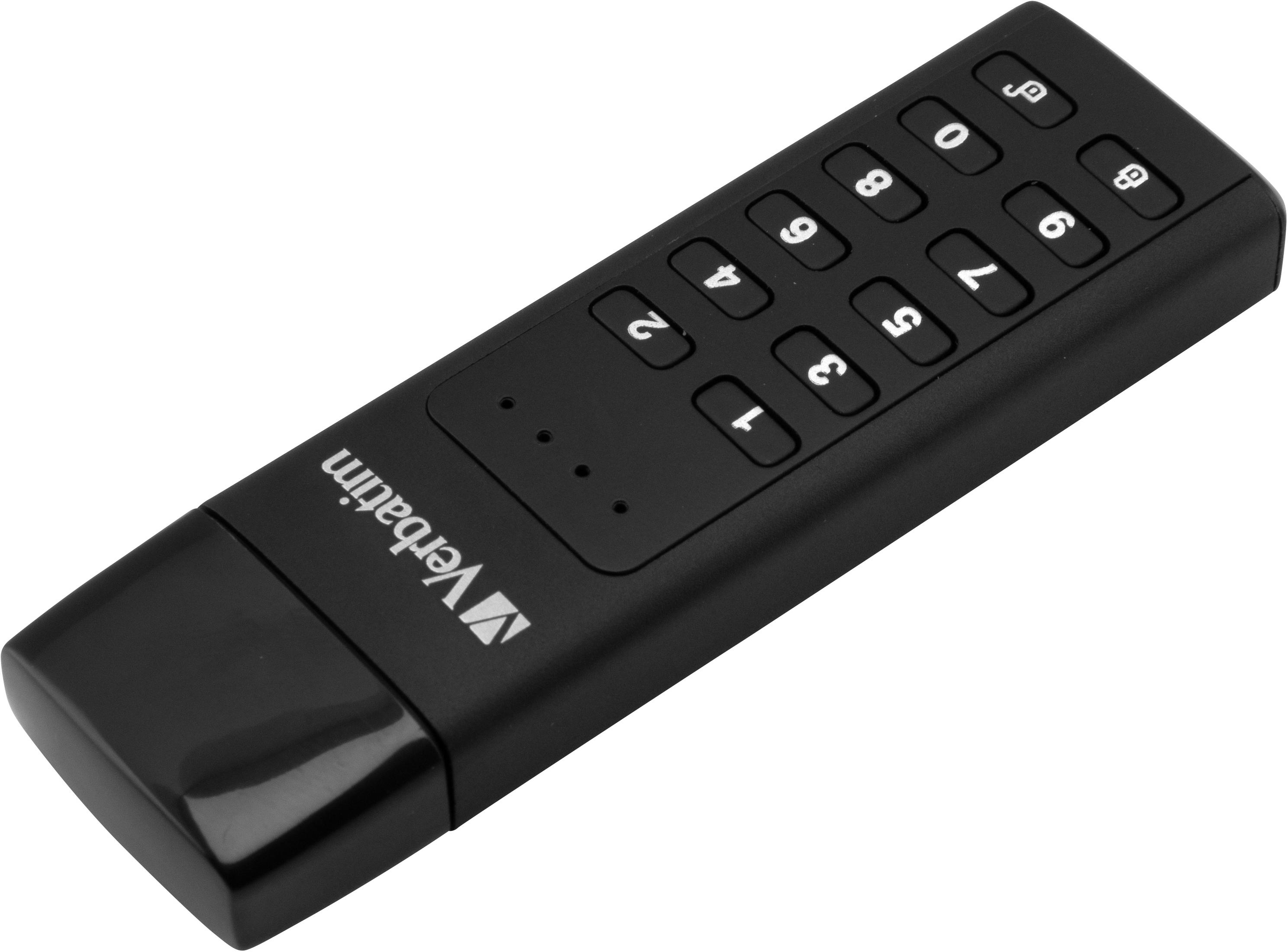 Schwarzer Verbatim USB-Stick. Mit Tastatur und Verbatim-Logo. Schräge Ansicht, weißer Hintergrund.