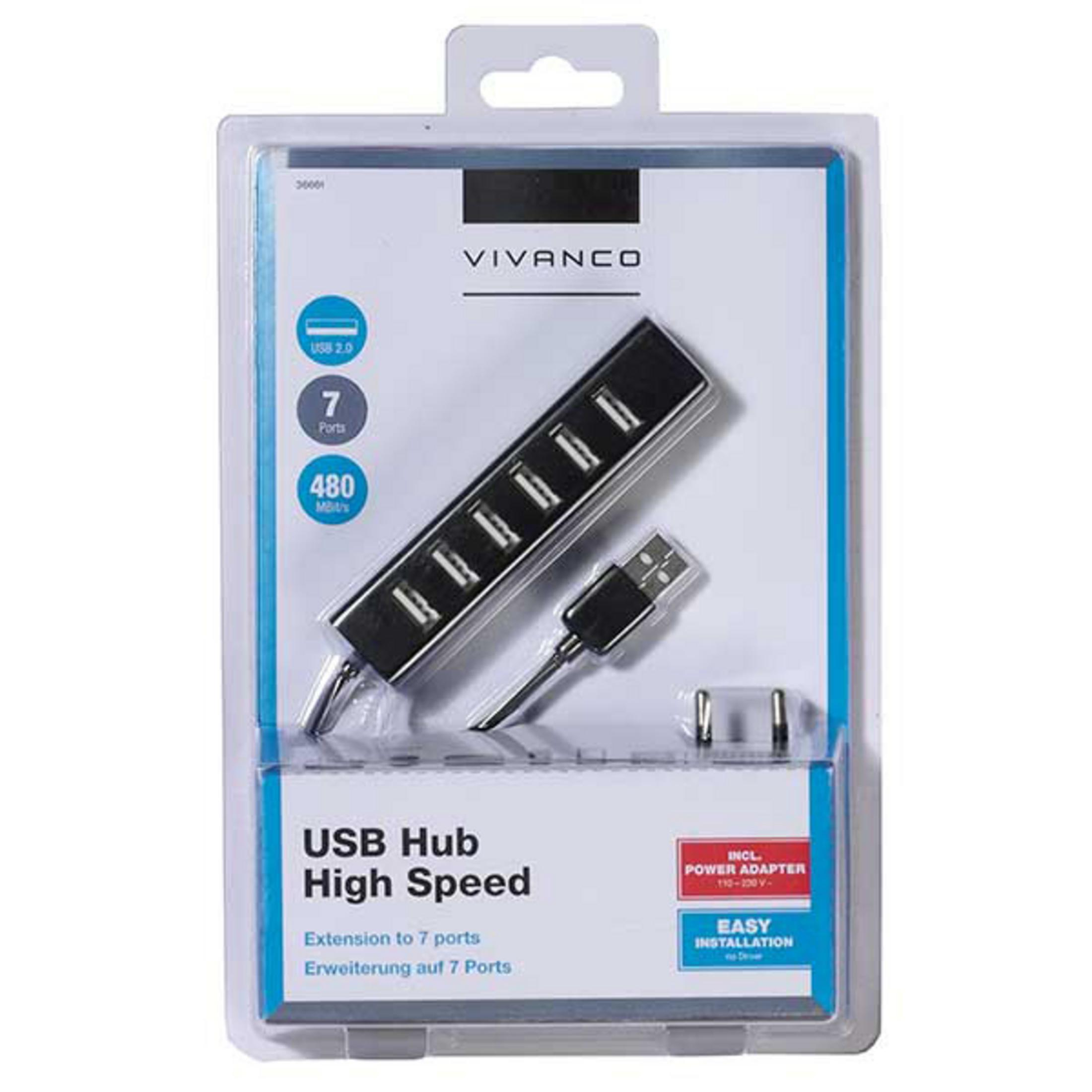 VIVANCO 36661 HUB, USB Schwarz Hub, 7-PORT, AKTIV