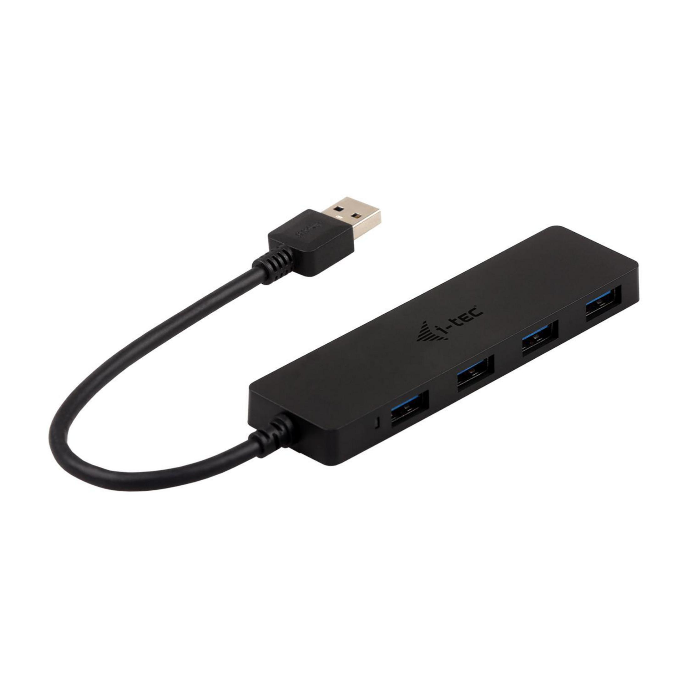 Ein schwarzer USB-Hub mit 4 Anschlüssen, ein USB-Kabel und ein weißer Hintergrund.