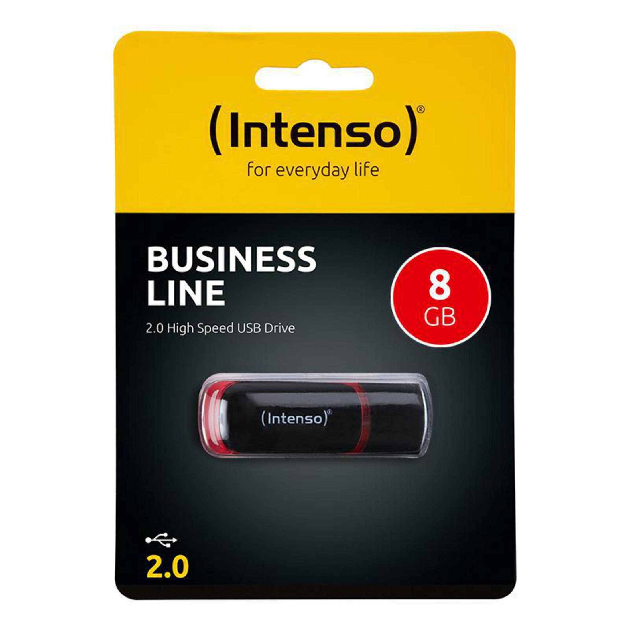 Confezione chiavetta USB. Giallo e nero con USB rosso. Contiene etichette 'Business Line' e '8 GB'.