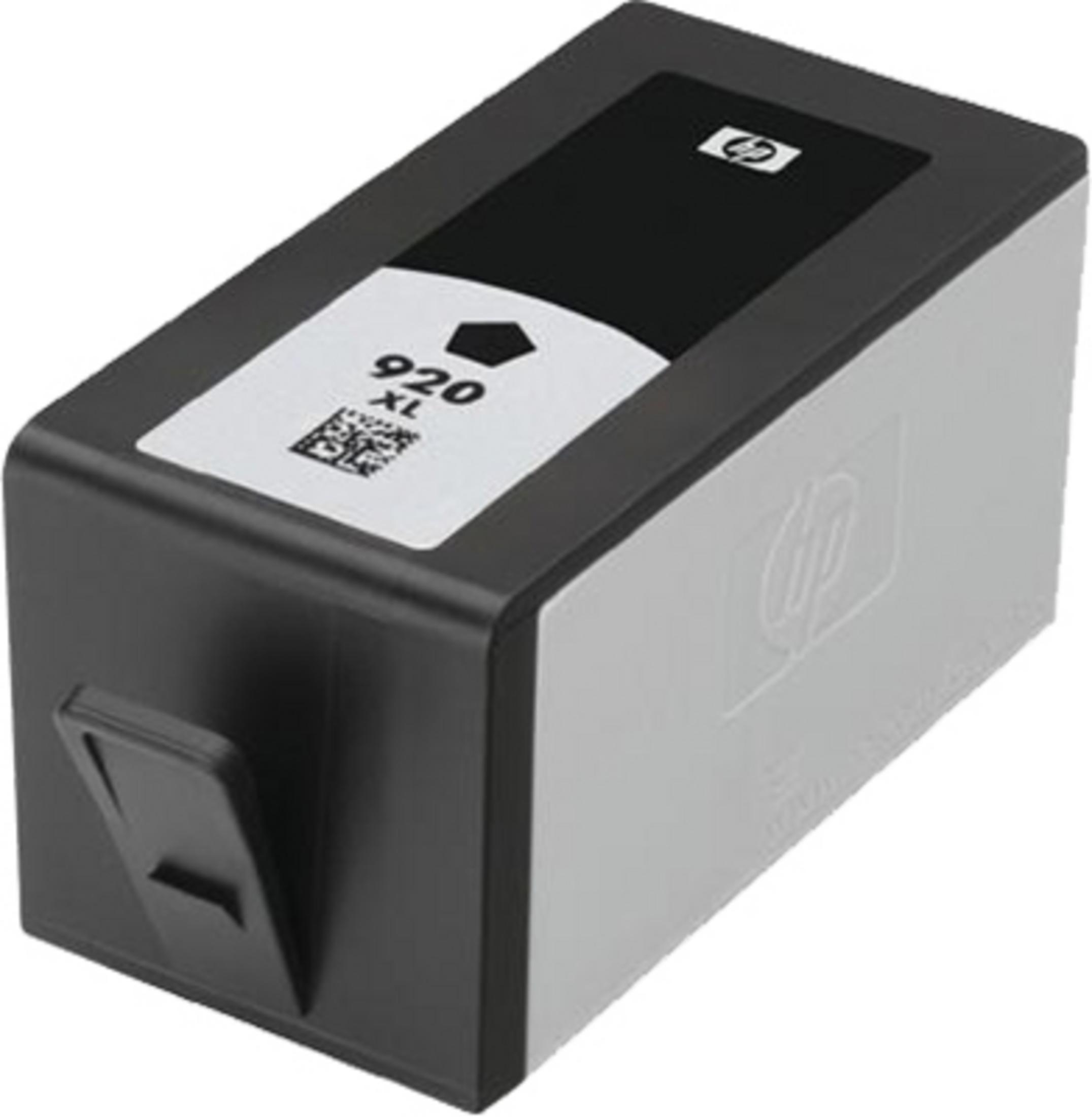 Eine schwarz-graue HP 920XL Tintenpatrone. Es hat ein weißes Etikett mit Text und einen schwarzen Deckel.