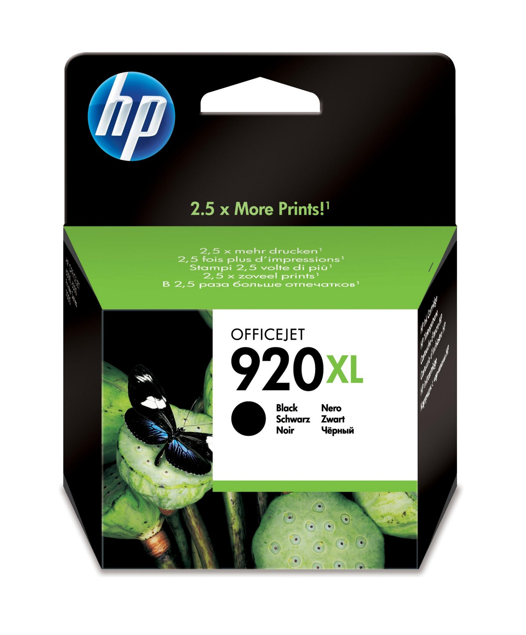 HP 920XL Tintenpatrone. Die Patrone ist schwarz, die Verpackung zeigt einen Schmetterling.