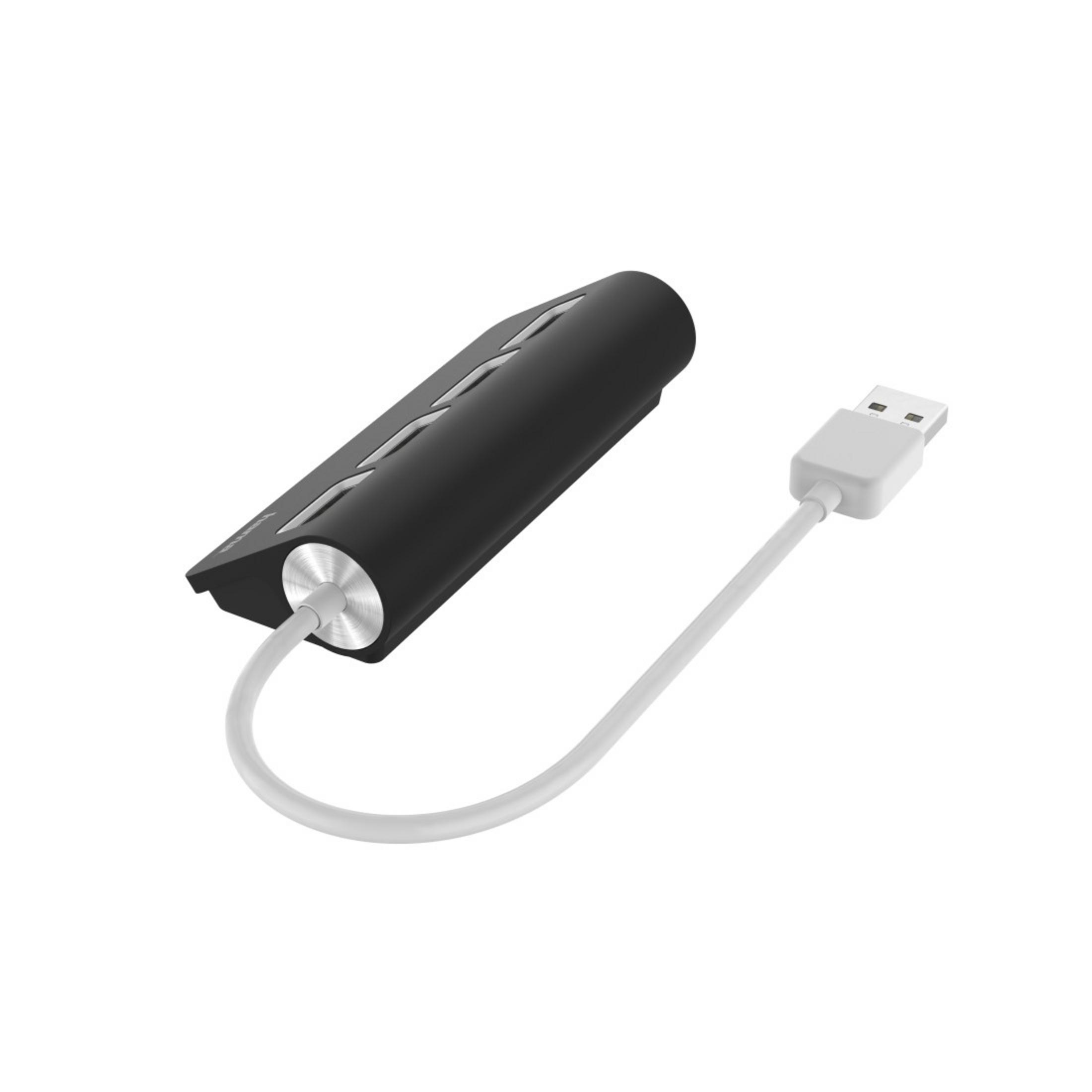 Schwarzer USB-Hub mit weißem Kabel, isoliert auf weißem Hintergrund.