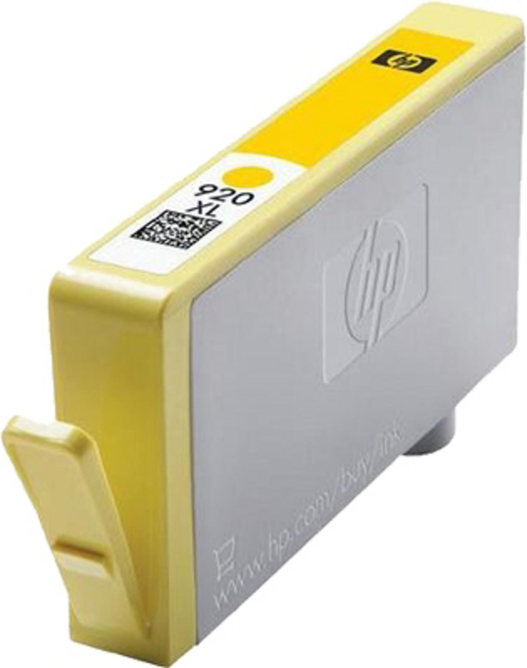 Cartouche d'encre jaune HP, avec texte et logo HP. Un fond blanc.