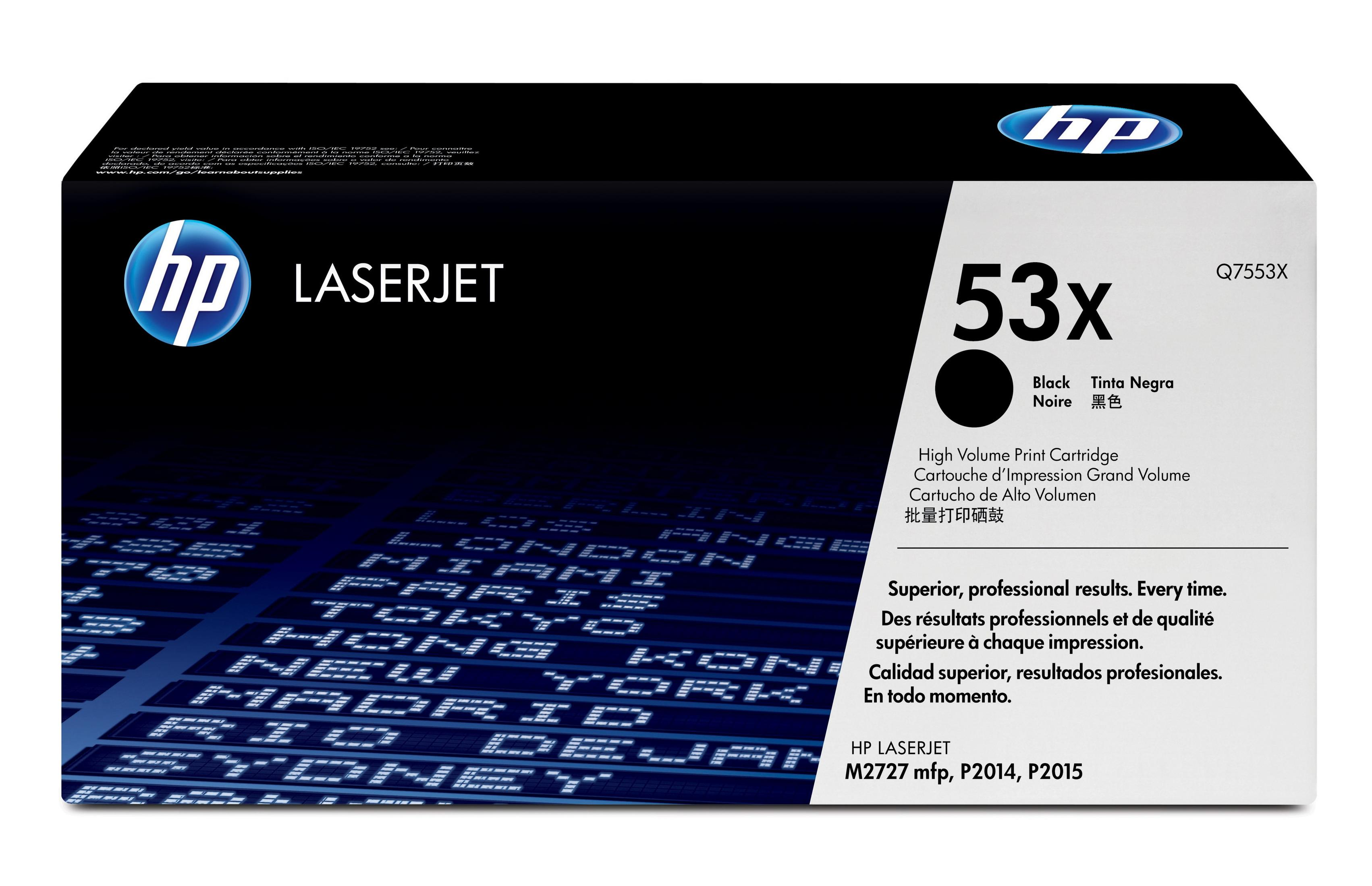 Eine HP LaserJet 53x Tonerkartuschenbox mit Text und einem schwarzen Kreis.