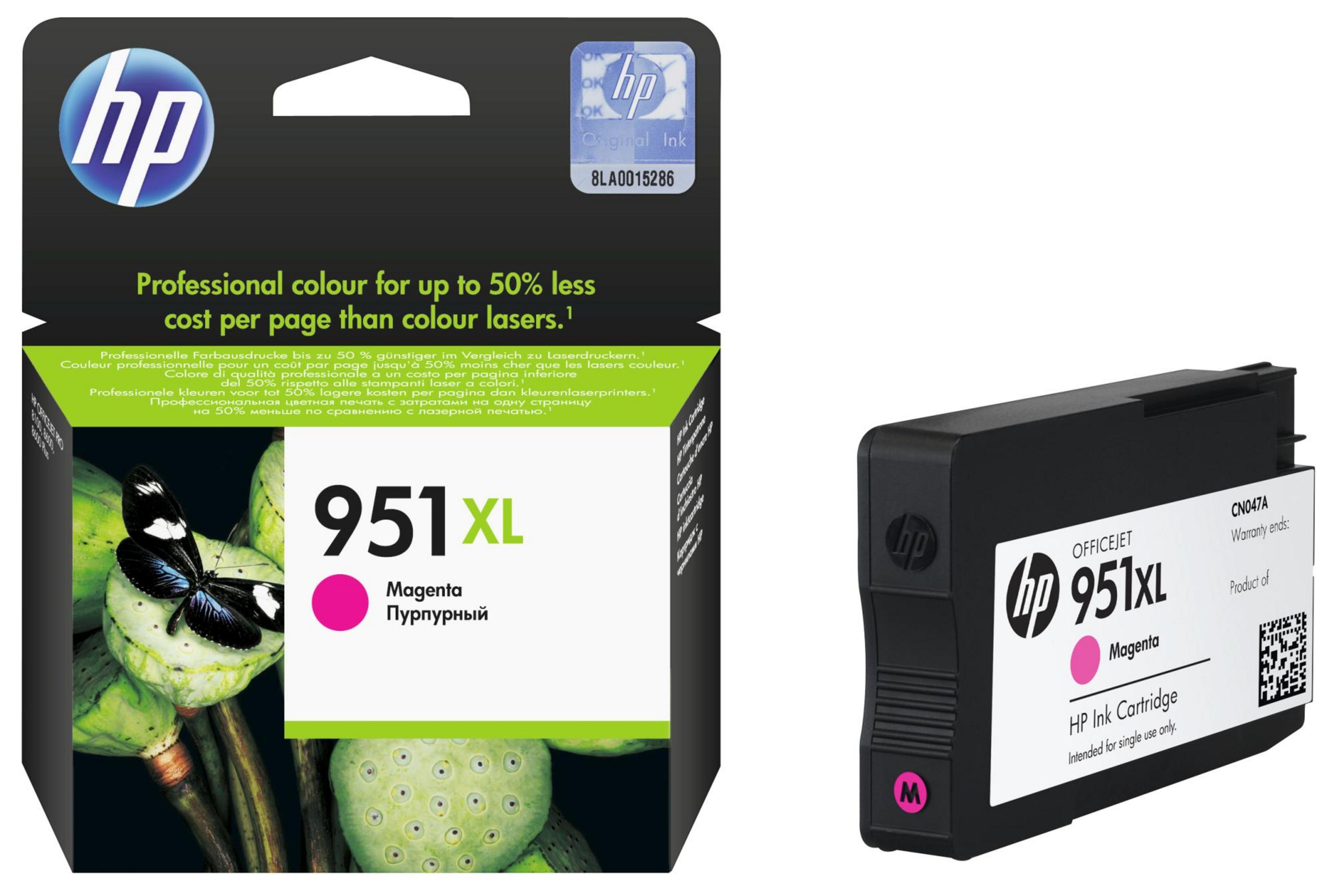 Wkład atramentowy HP i opakowanie. Wkład jest magenta, z wizerunkiem motyla.