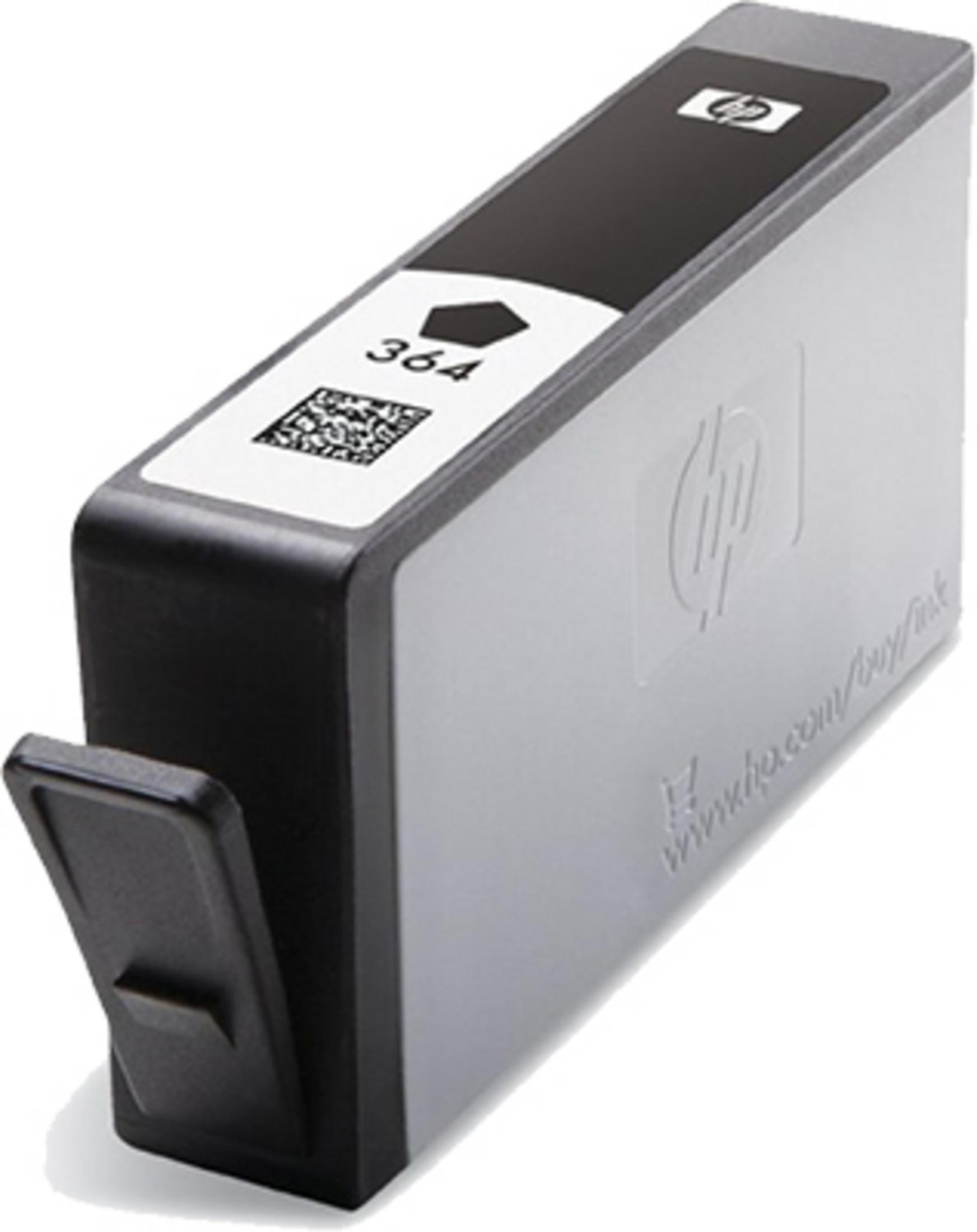HP 364 Tintenpatrone, schwarz und grau, mit Etikett und geöffneter Klappe.