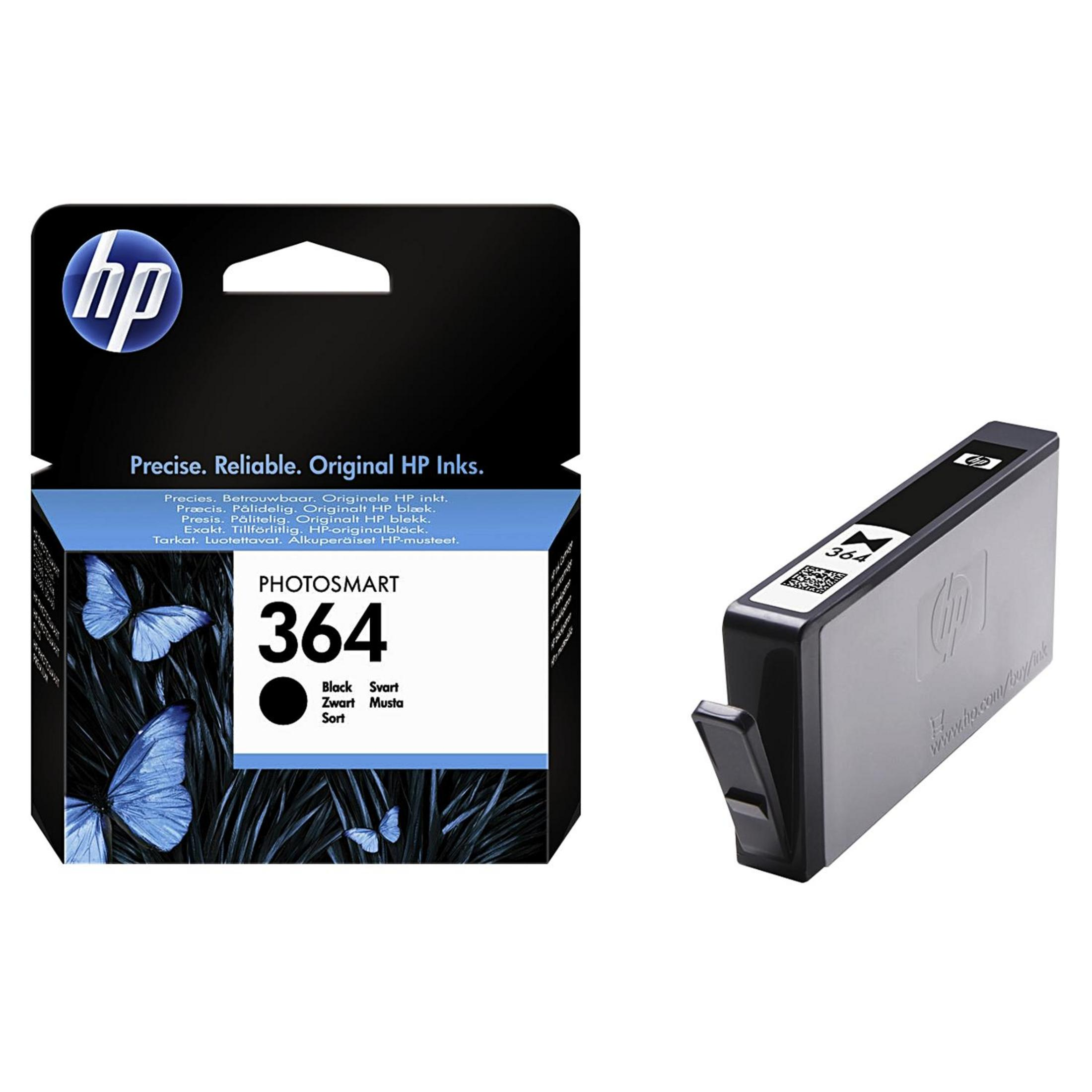 HP 364 schwarze Tintenpatronenbox und die Patrone. Die Box hat ein Schmetterlingsbild.