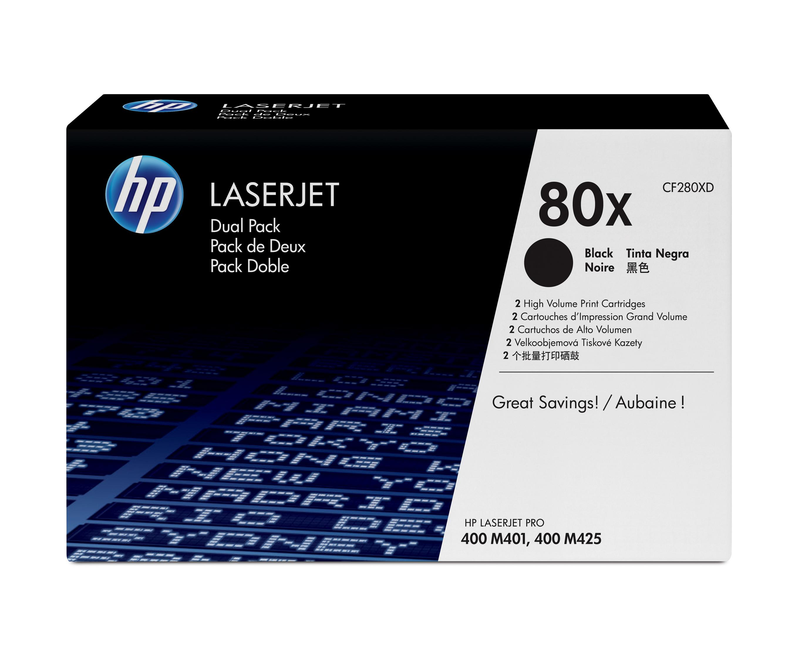 Pudełko z wkładami atramentowymi HP Laserjet 80x dual pack. Czarno-biały design, z tekstem i logo.