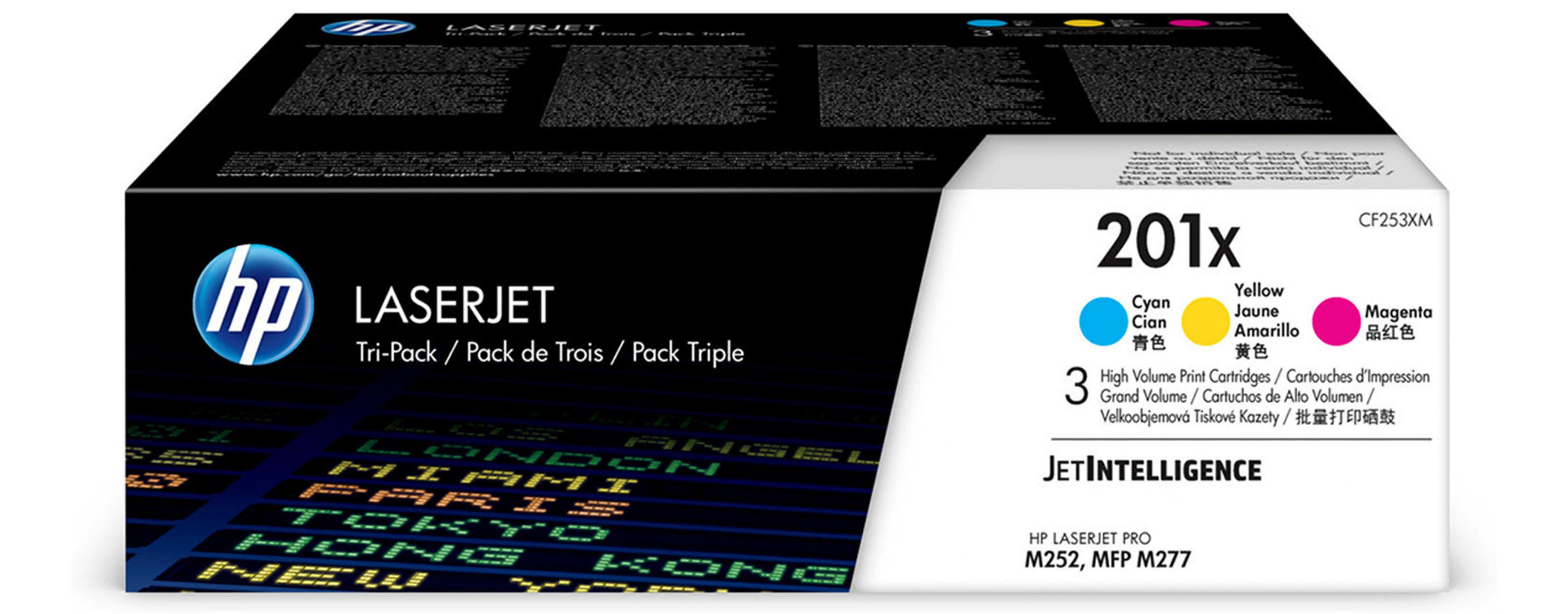 Pudełko z tuszem do drukarki HP LaserJet, czarne z kolorowym tekstem i wkładami.