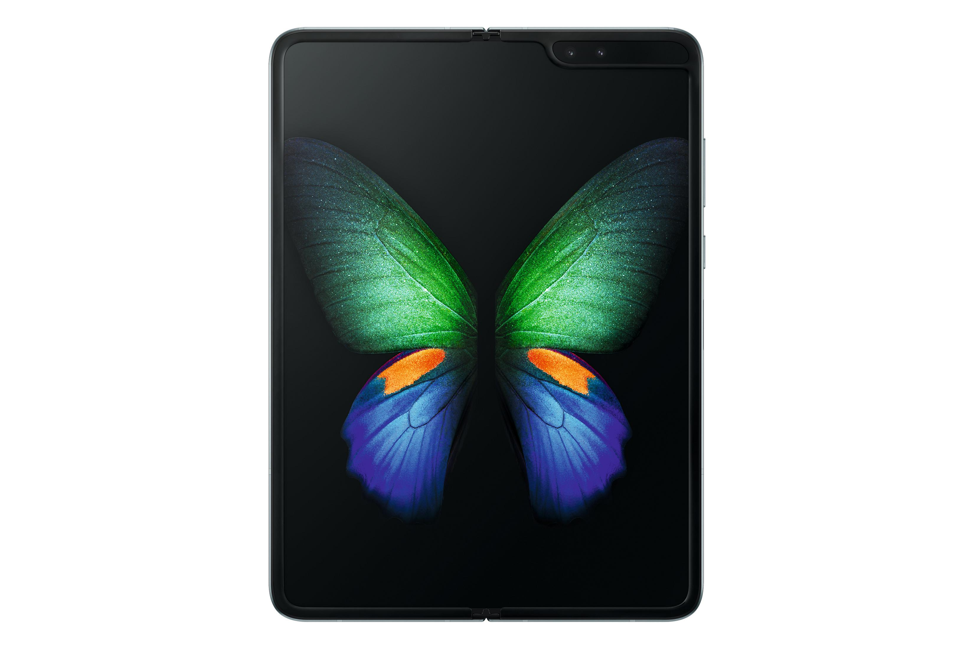 Faltbares Telefon mit schmetterlingsartigem Display. Grün, blau, orange Farben auf schwarzem Hintergrund.