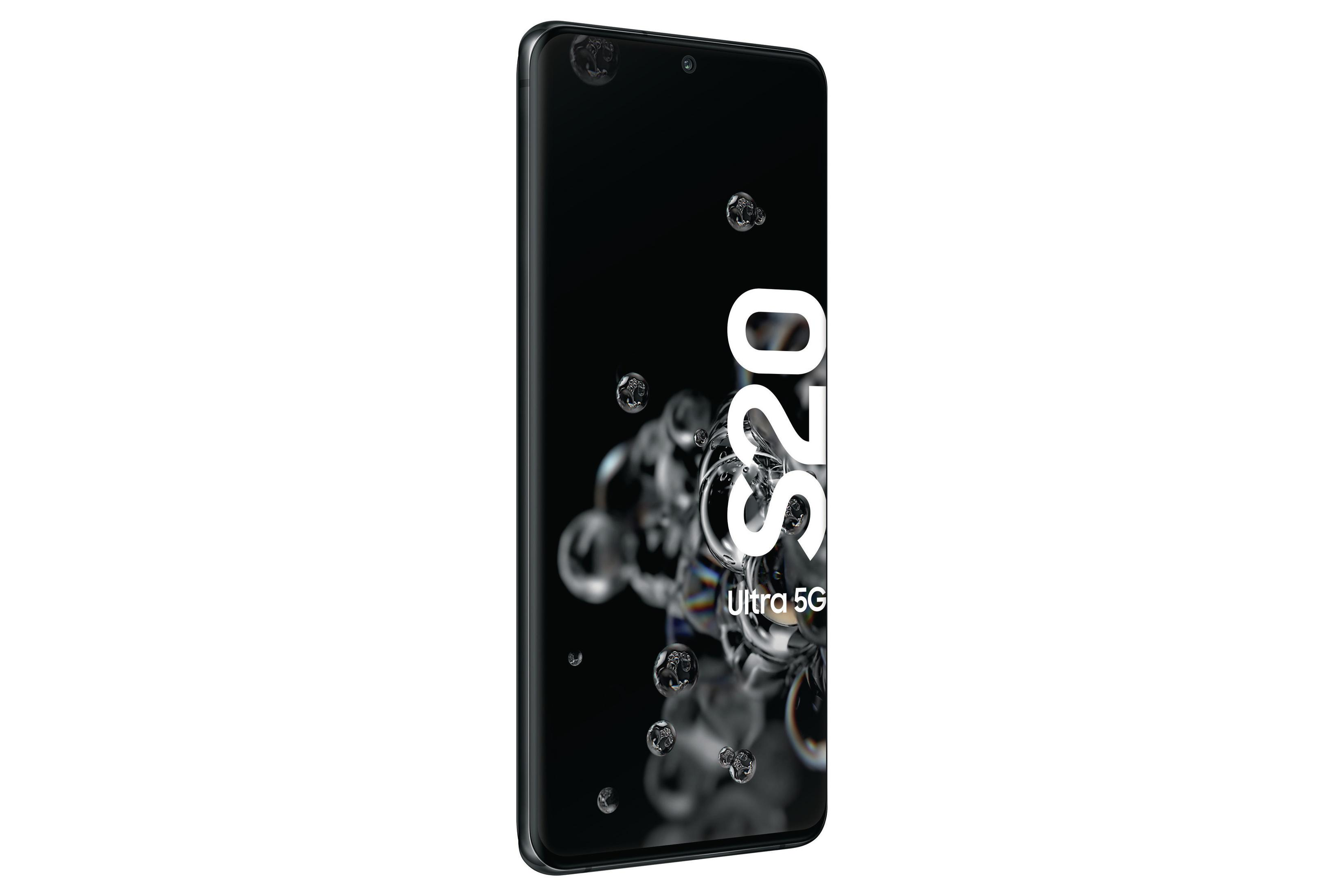 Téléphone Samsung Galaxy S20 Ultra 5G, noir, avec effet bulles en arrière-plan.