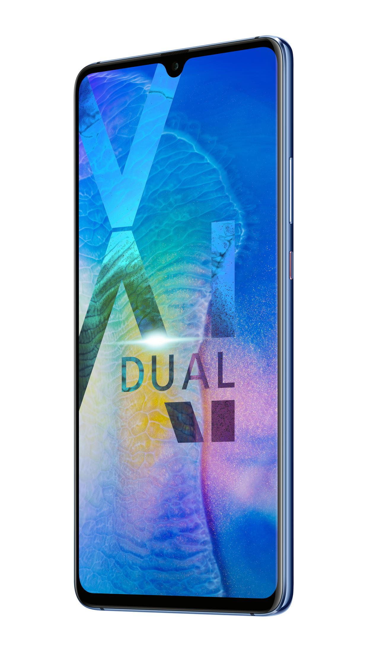 Blaues Smartphone mit Dual-KI, schräge Ansicht.