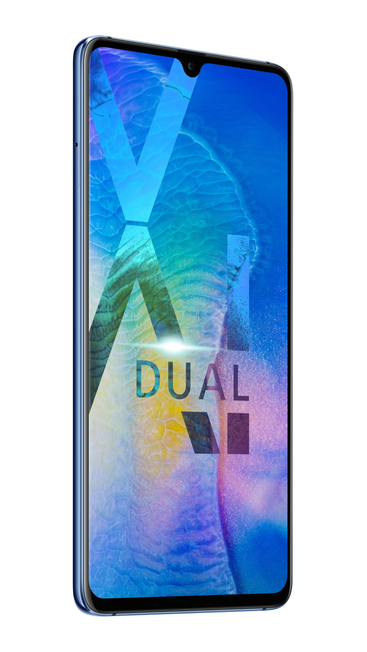 Blaues Smartphone mit einem Bildschirm, der eine farbenfrohe Grafik und das Wort DUAL anzeigt.