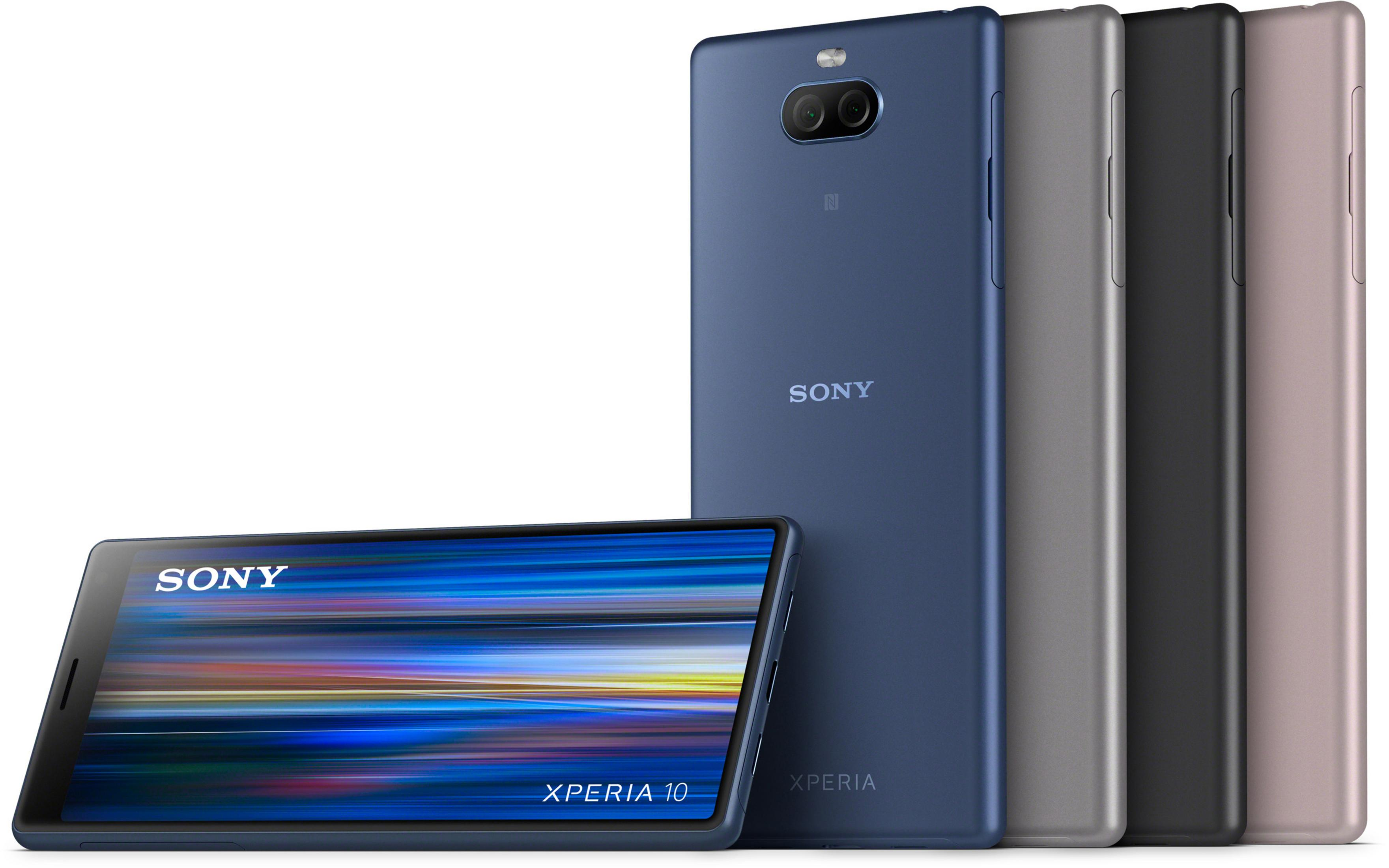 Cztery kolorowe smartfony w rzędzie. Wyświetlana marka Sony Xperia.