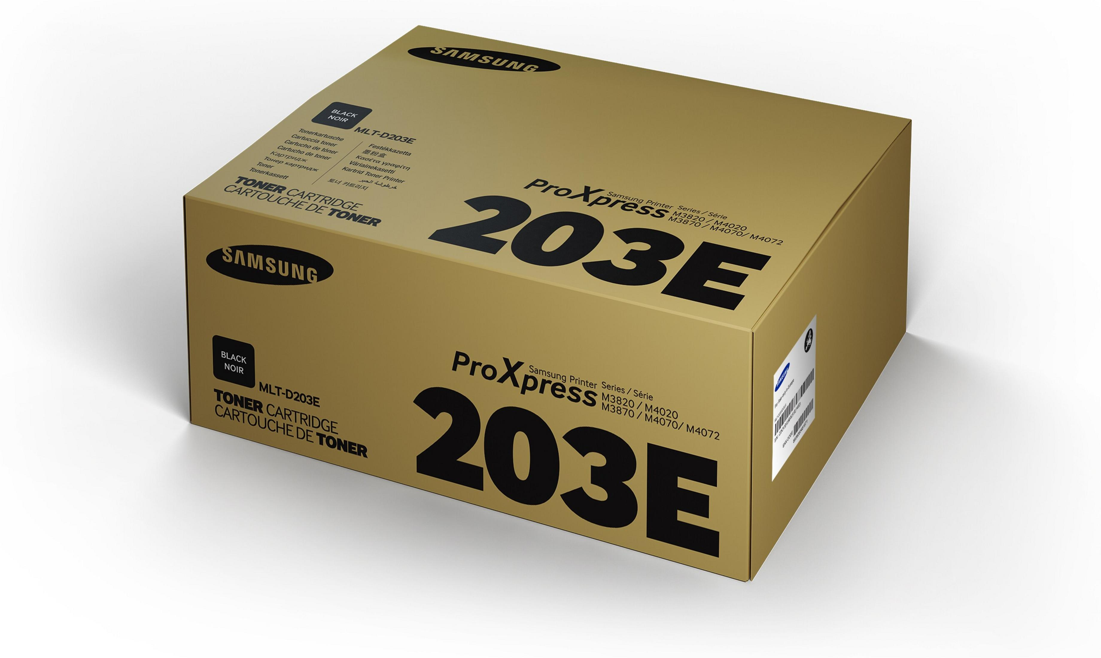 Goldener Karton mit schwarzem Text: Samsung ProXpress 203E Tonerkartusche.