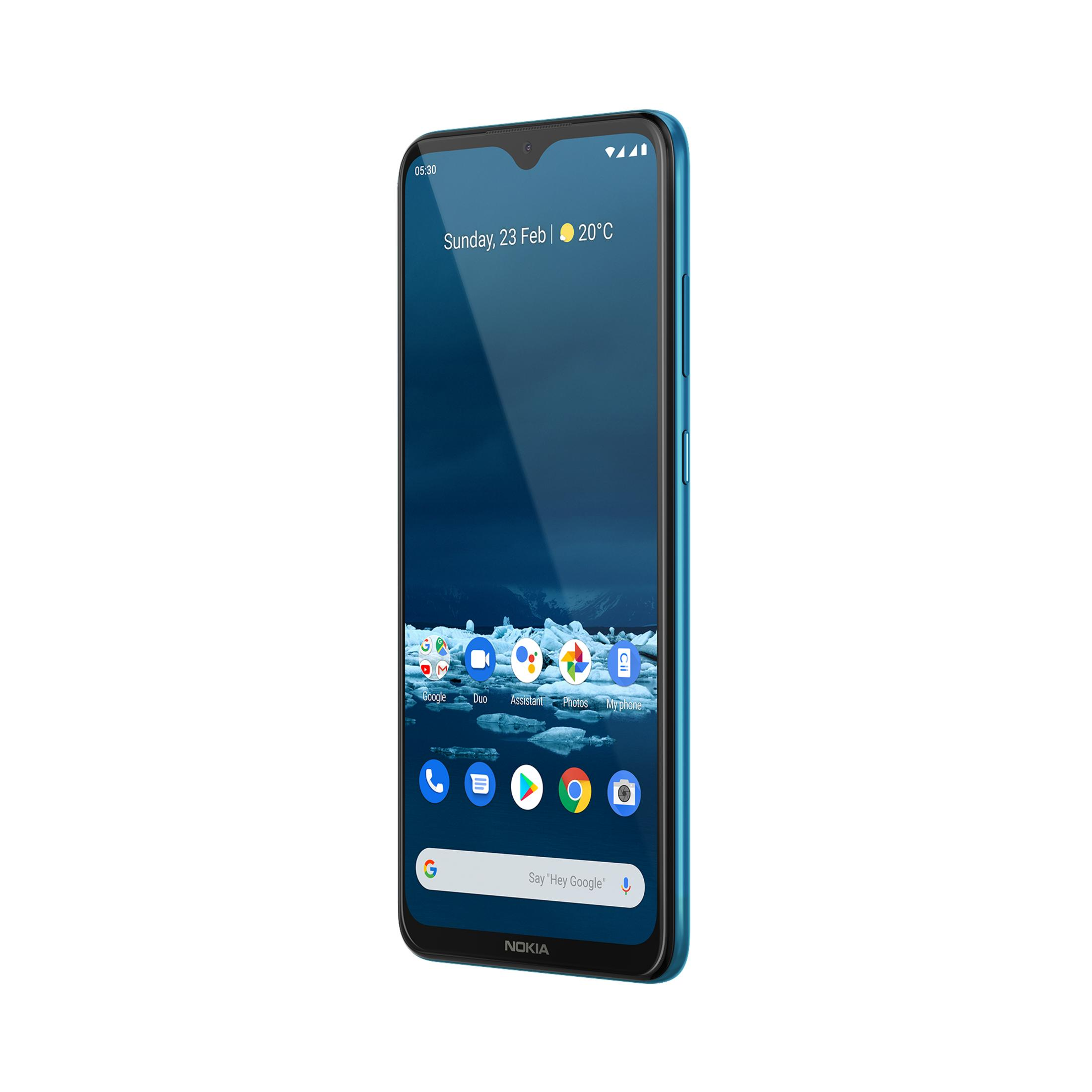 Blaues Telefon mit App-Symbolen auf dem Bildschirm. Bildschirm zeigt Zeit und Datum. Weißer Hintergrund.