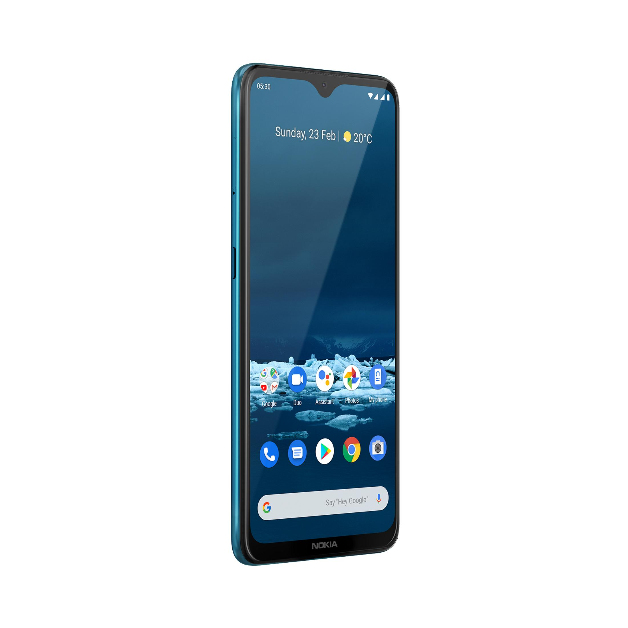 Ein blaues Nokia-Smartphone zeigt den Startbildschirm an. Datum und Uhrzeit sind oben sichtbar.