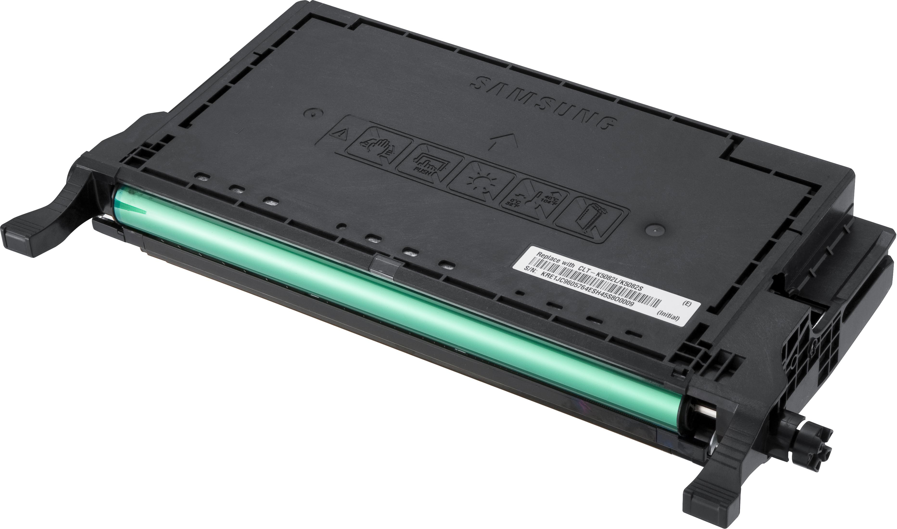 Cartuccia toner Samsung. Plastica nera, tamburo verde. Sfondo bianco.