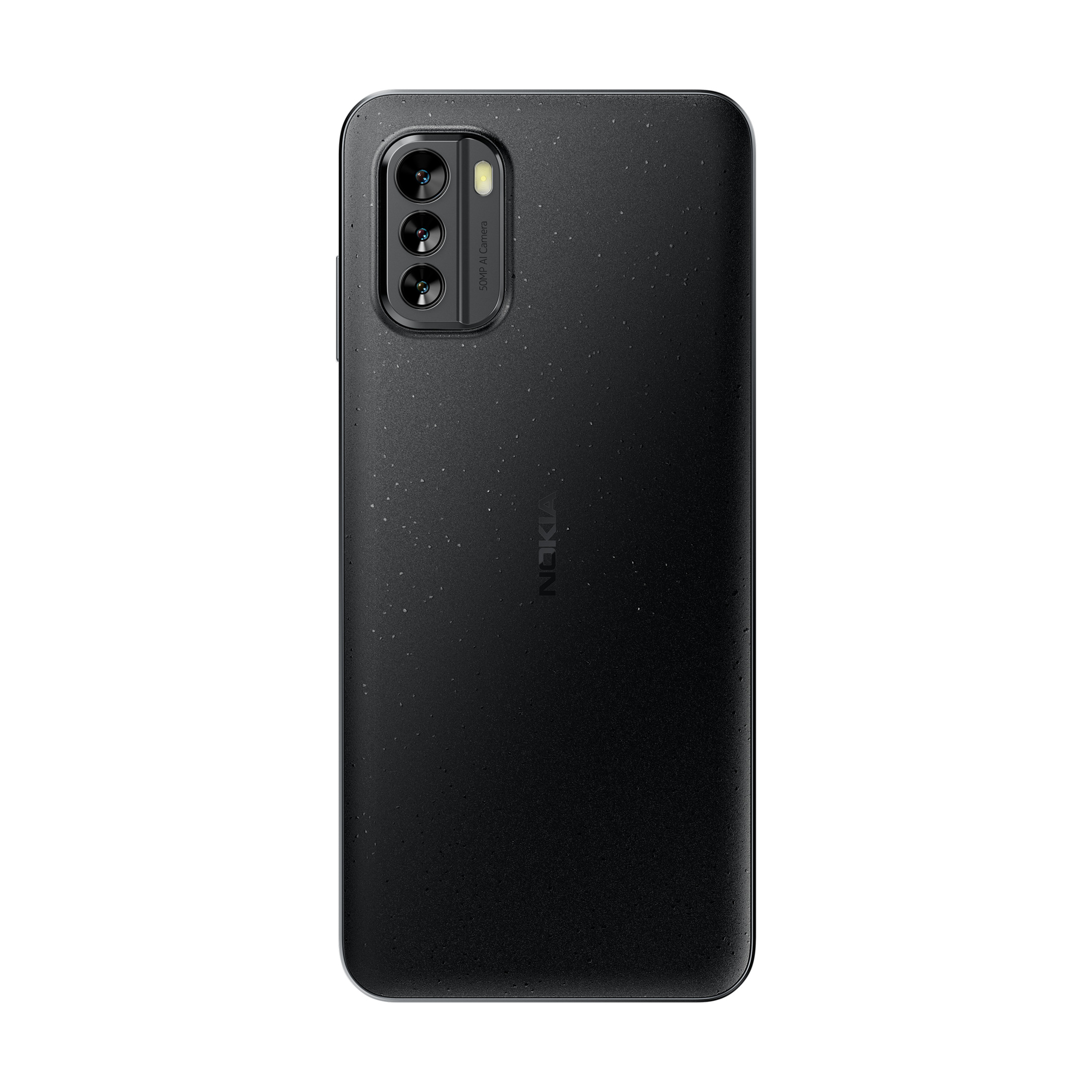 Schwarze Nokia-Telefonrückseite mit Dreifach-Kamera und Nokia-Logo.