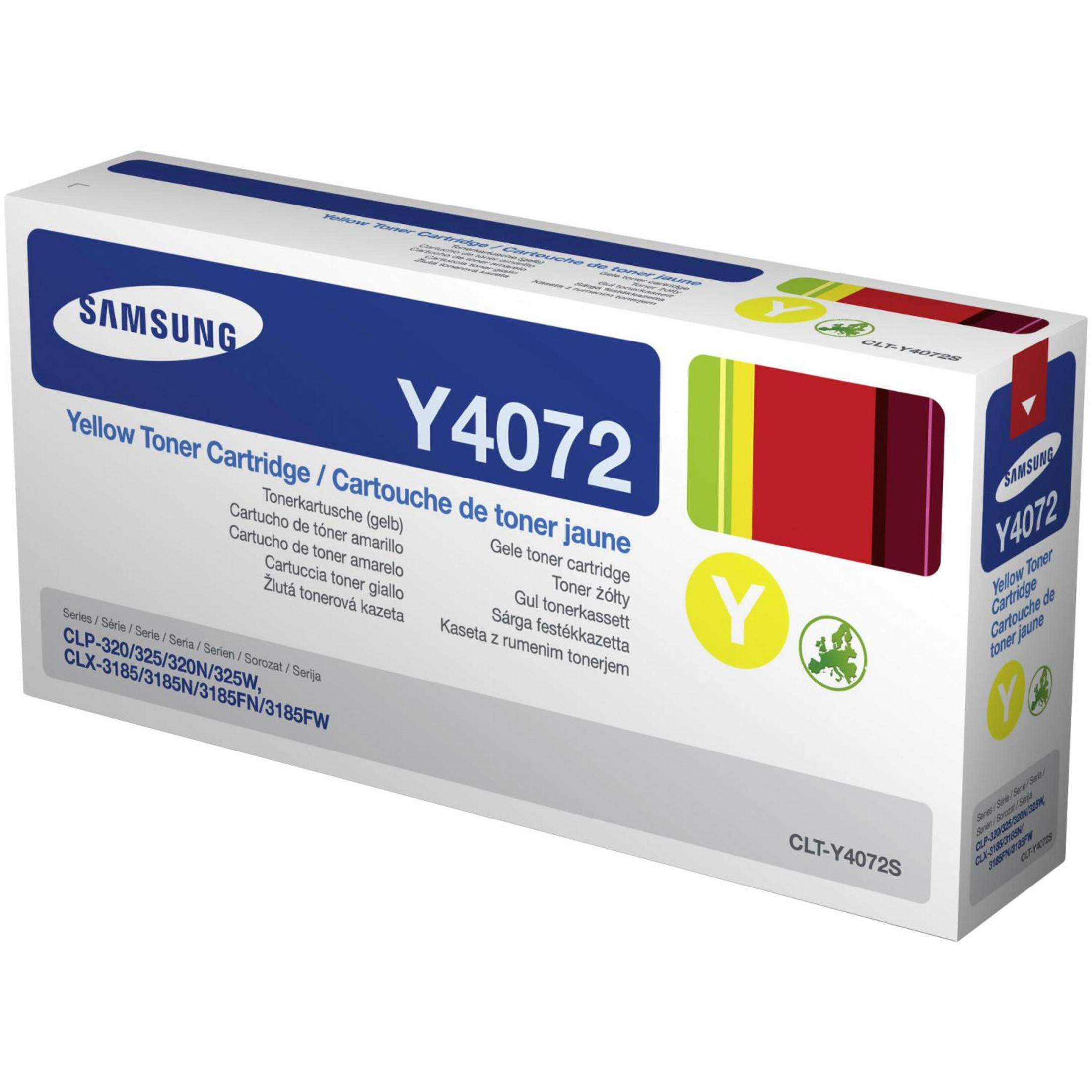 Gelbe Tonerkartuschenbox mit Text und Logos auf weißem Hintergrund.